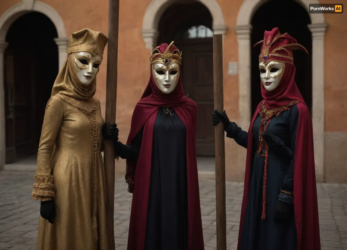 (hyperréaliste), (Venetian Carnaval), two masked Rwandan women, tied to a pillory, full body view