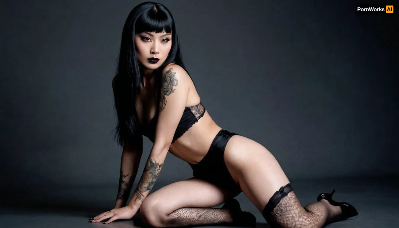 Actress Hana Mae Lee sensual figure, smooth glowing skin, brown eyes, blank semi-long hair, kneeling on a soft surface. Her back is slightly arched, hands resting on her thighs, a tattoo small at her left leg, a goth style makeup, black lipstick, black painted eyes, head tilted gently to the side with an alluring expression. Shot in a minimalist studio with dramatic lighting that creates subtle shadows across her body, ultra-detailed photorealism, perfect anatomy, lifelike detail, cinematic photography, 8K HDR..