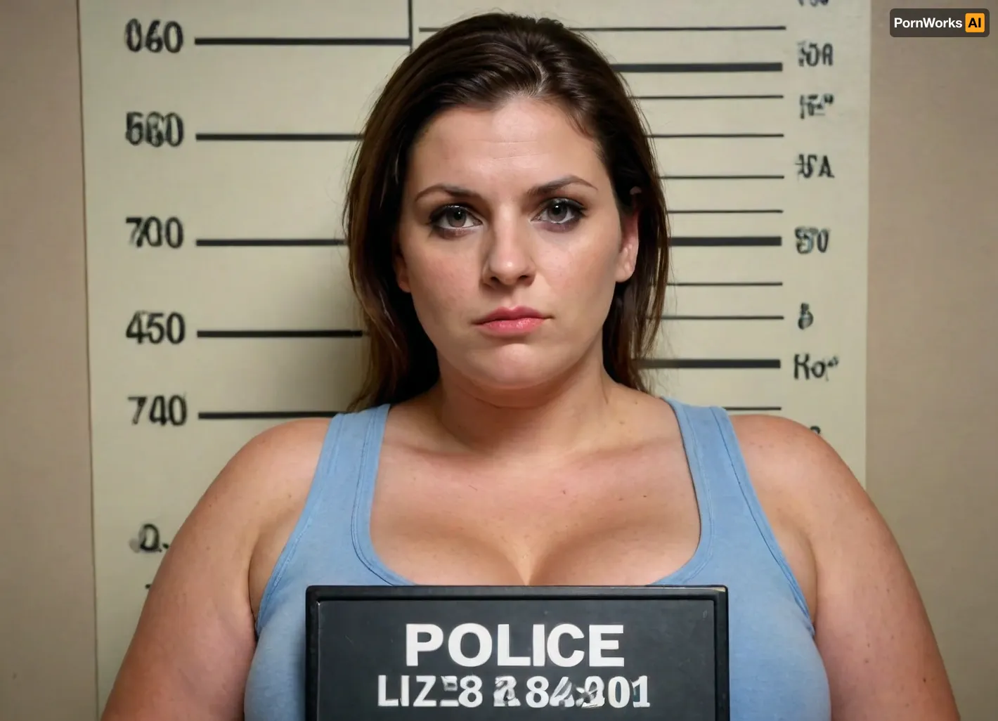 distinguished lesbians exhibitionist shows her very massive oversized breasts, funny, perfect, police mugshot, portrait