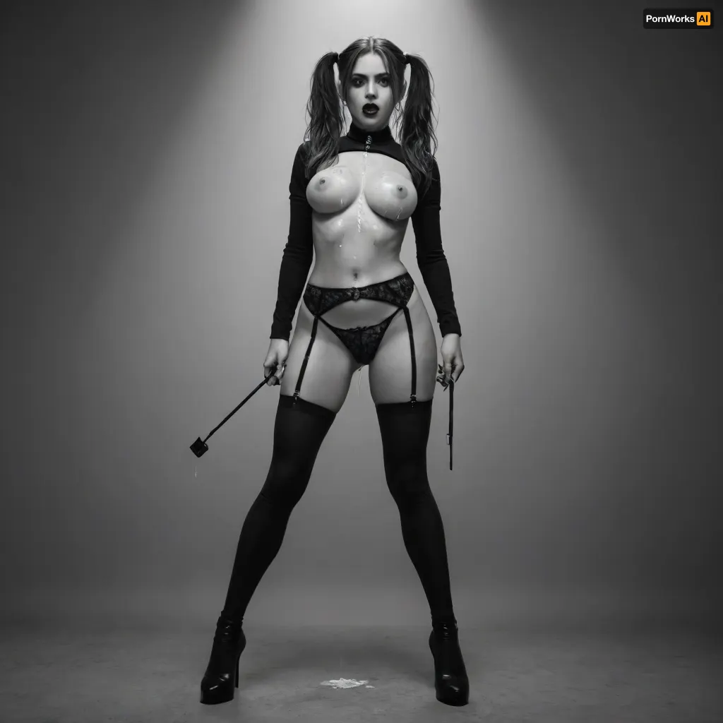 (((black and white, no colors:4))), 1girl, black footwear, black gloves, ((blonde pigtails:1.4)), black panties, black thighhighs, ((pussy visible:1.4)), body harness, bondage outfit, collarbone, Spider gag mask, fishnet gloves, fishnet thighhighs, gloves, harness, holding, holding riding crop, big perky breasts, looking at viewer, (goth:1.5), navel, crochless panties, riding crop, ((wearing black high heel pumps.1.6)), standing, thighhighs, open mouth, ((cum dripping:1.4)), ((cum on breasts:1.4))