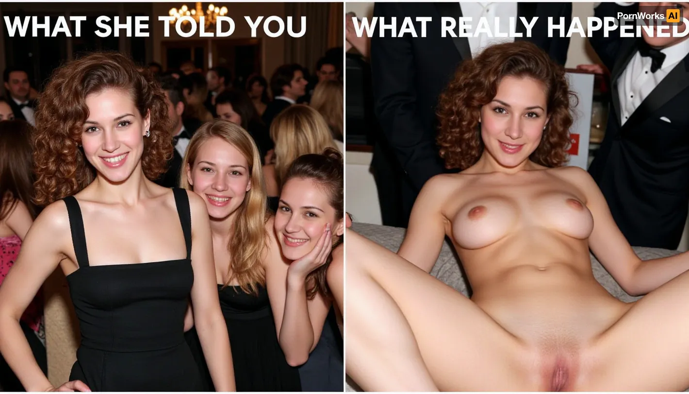 side-by-side two pictures of a curly brown hair woman, (first picture on the left, she is at a new year's eve party, posing for photo, with 3 girls, different haircolors, evening dress, happy, laughing, arms around, crowded party, at night, text at the top right "WHAT SHE TOLD YOU"), (second picture on the right, same woman is nude, lying on a bed, surrounded by men, groping her, different haircolors, evening suits, horny, aroused, at night, text at the top left "WHAT REALLY HAPPENED")