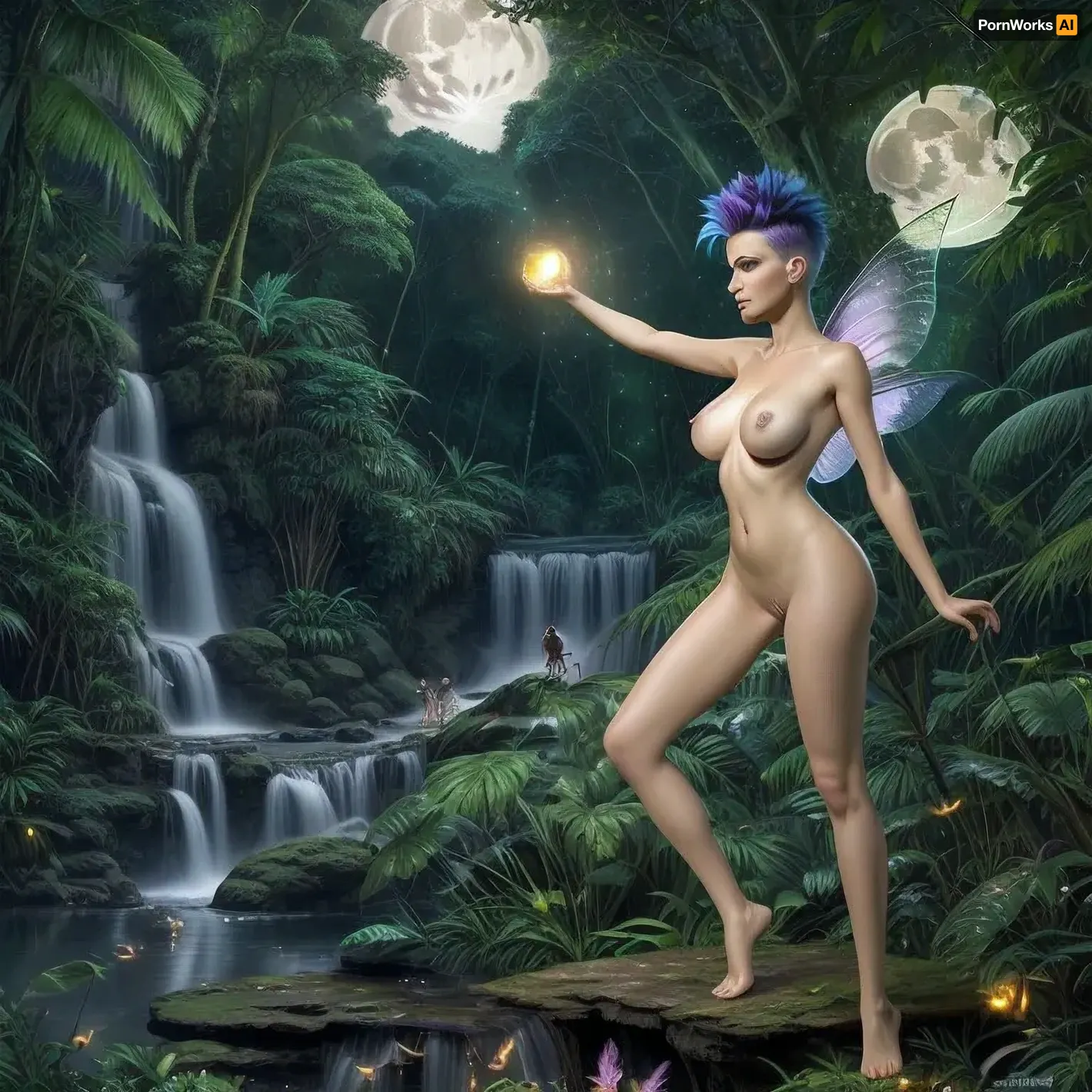 A beautiful woman with fairy wings and a mohawk in the jungle at night, fireflies, waterfall, full moon, nude, (huge tits), legs