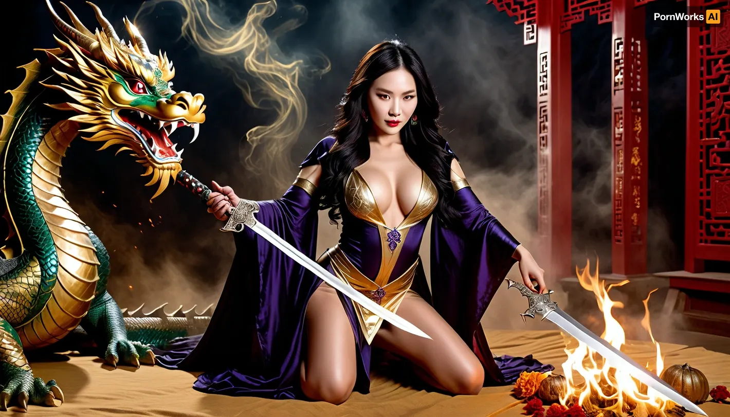Dark Sacrifece, beautiful Chinese Witch in a traditional luxury sexy gold half transperent dress, with a very deep neckline, very slim body, big plump breasts, shaved pussy, very long wavy flowing hair, bright cat eyes, lied in the center of the great pentagram, ready for dark ritual, legs wide apart, 1man, middle aged man, ((dark wizard, have vaginal sex with witch)), (((dark wizard preparing to sacrifice witch front great chinese dragon))), ((((in the hands of the warlock is a ritual dagger)))), on the witch's face is an expression of wild lust and happiness smile, scream in ecstasy, want to be sacrificed, full body vision, side view
