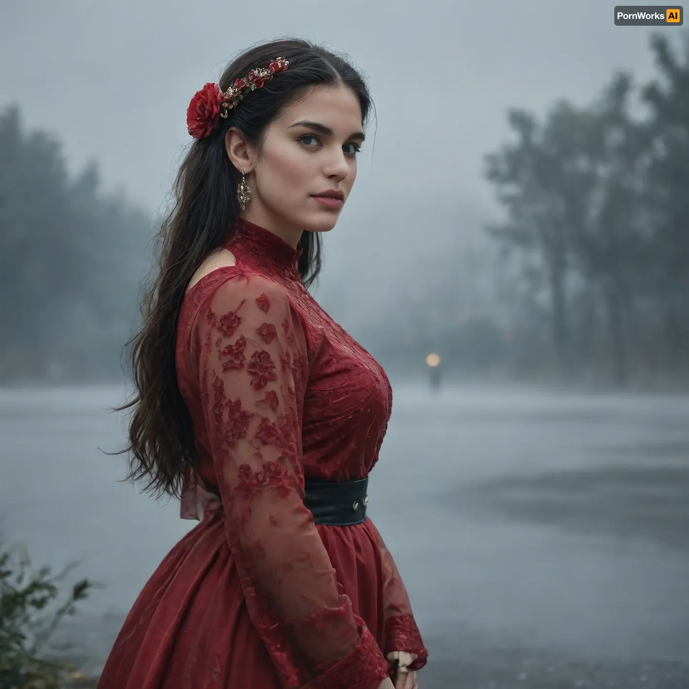 (fog:1.9), (rain), The foggy city, The Princess of the mist, dark red clothes, a beautiful young woman partially obscured by fog, a complicated old hairstyle, Flowers in her hair, vinous antique clothes, dynamic pose, 8k wallpaper, very long black hair, ((hyper realistic, masterpiece)), beautiful girl, ultra texture quality, smiled face, black lipstick, big lips, jewelry