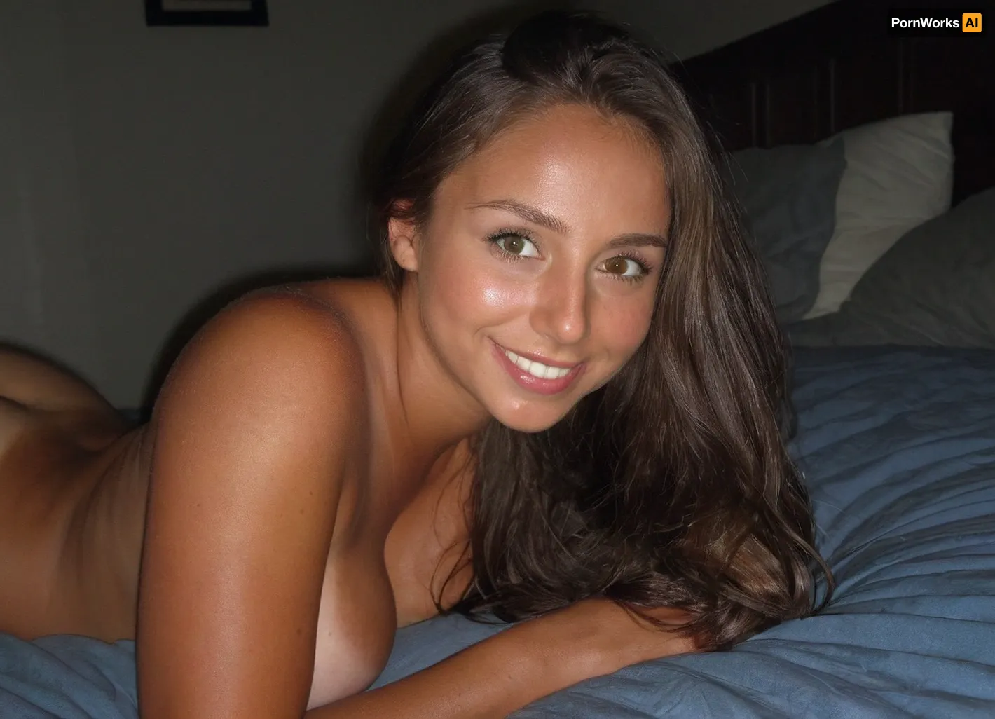candid photo, comfident 21 year old college girlfriend, busty nude athletic body, long brunette hair, she is laying next to you in bed, dark bedroom, cute smile, ultimate realism, poor lighting, at night, dark, night, realistic detailed skin texture, focus on realistic face, stunning eyes, Sun-kissed skin