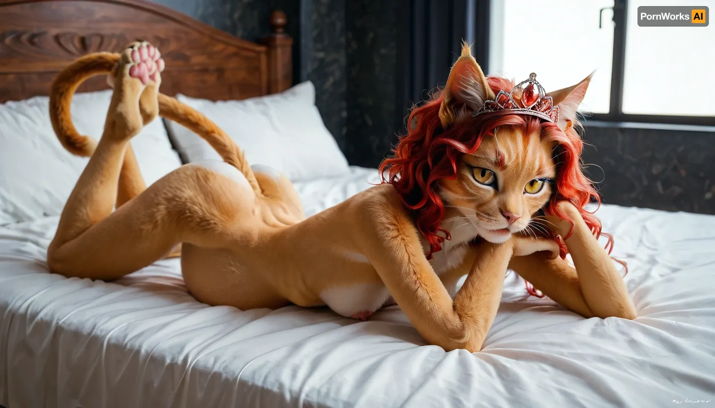 ((furry feline female), looking at viewer, cat's head, (red cat´s eyes), small tits, thin, slim, small ass, nude), <lora:catbody:.6>, yellow fur, tiara, pregnant, lying on bed, bedroom, show her vagina, full body, <lora:updated_realneko_v1:1>, <lora:hakama:2>