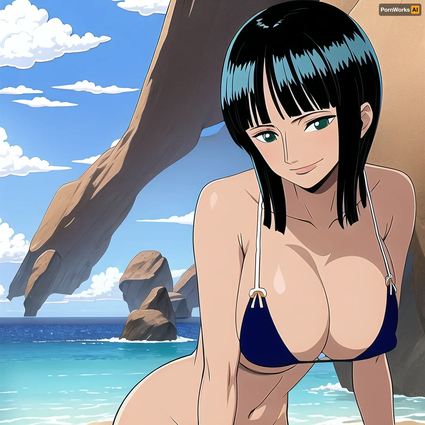 1 girl, Nico_Robin, bikini, expossed tits, smile, looking spectator, frontal view, tits, beach background, (ultra detailed), (masterpiece), photo-realistic, <lora:robin-000005:.8>