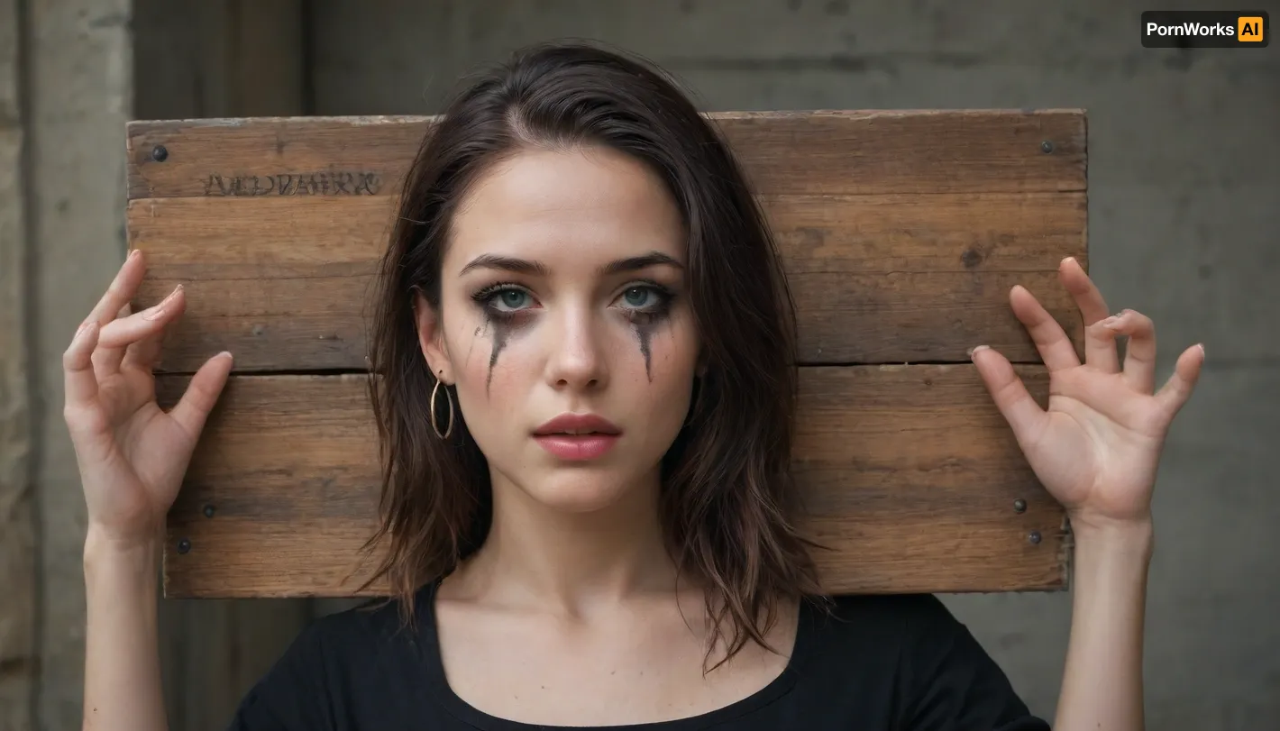 best quality, ultra-detailed, masterpiece, photorealistic, finely detailed, highres, hyper-realistic details, 19 years old blond emo girl's head with masses of cum trapped in pillory with text on pillory, "fuck me", elongated face covered with masses of cum, open mouth, thick black lipstick, ruined black makeup, long blond hair with much volume, detailed face, detailed natural eyes, detailed natural hands, slutty smeared makeup, perfect hands, perfect fingers, perfect anatomy