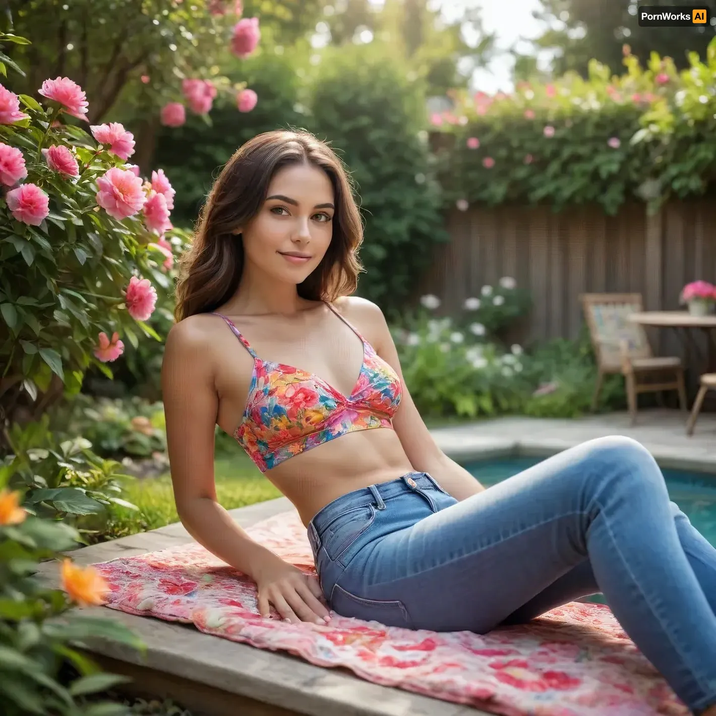 A radiant woman lounges gracefully in her vibrant backyard, adorned in a colorful, summer, crop top, and low cut jeans, flowered bathing suit that mirrors the blossoms surrounding her. Sunlight filters through lush greenery, casting delicate shadows on her sun-kissed skin, while a gentle breeze rustles the petals of blooming flowers, creating a serene atmosphere of summer bliss.