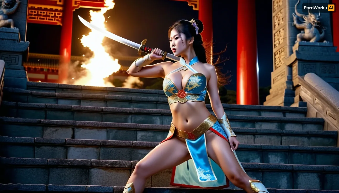 fullcolor image, 8K quality, night, fool moon, thunder flash, a beautiful sexy chinese woman, large breasts, slim athletic body, fighter in sexy traditional dress, ((fight with some demons on the steps of the imperial palace)), long chinese sword in her hand, ancient china, full body in frame, side viev