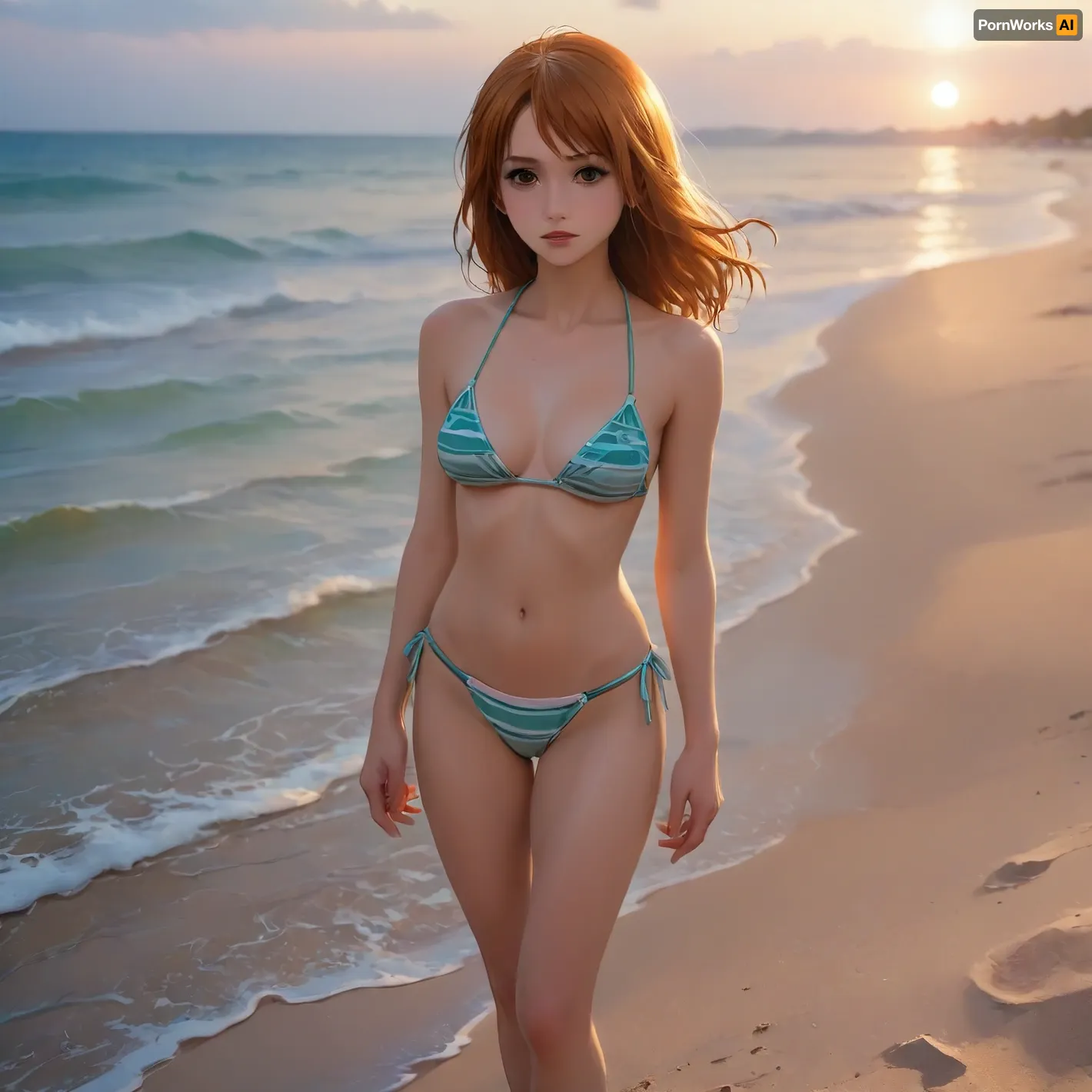 woman, nami, (one, piece\), (huge boobs:1.3), (athletic body:1.2), orange hairs, (long hairs:1.2), (photorealism:1.6), standing on a beach, full body, (green with white lining bikini:1.2), (j_cartoon:1.5), Drawing, <lora:samdoesarts1.1-000030:.1>, <lora:J_cartoon:.1>, <lora:Animated_Concept:.8>