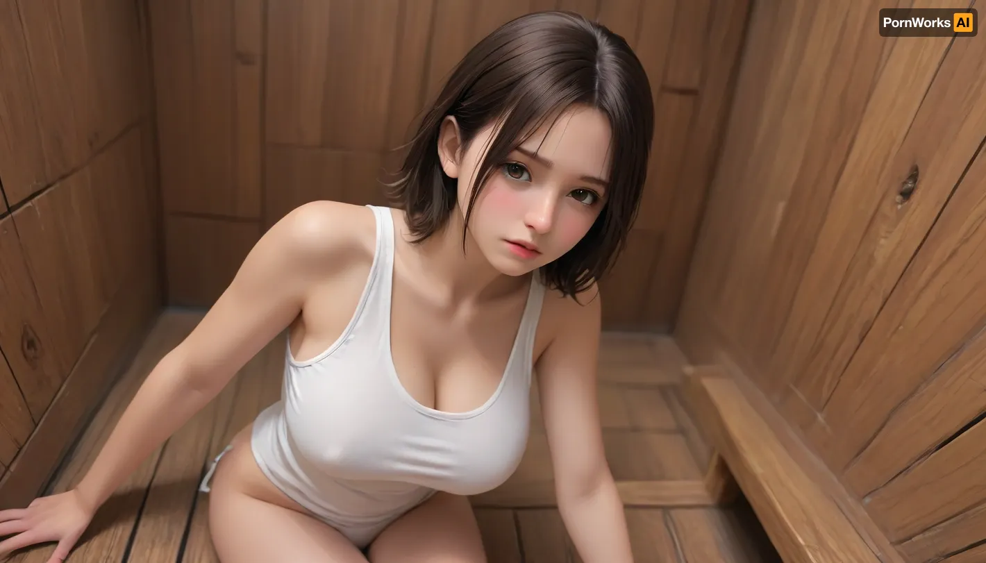 a drawing of a woman, brunette with a fringe, one piece sarong, long single pony tail hair, cut leg, ((submissive)), ((lovely)), (((brown wild hair with sidelocks))), (((full body view))), (((high detailed legs))), (((high detailed fingers))), ((very much want have sex)), (love juice:1.4), ((high detailed pores on skin)), well-build body, (big breasts:1.6), small lips, lots of freckles face and skin, blush on the checks and nose, (wearing white tank top and thong:1.5), (raised nasal tip, upturned button nose, upturned nose, delicate nose, nose), hypnotized loving yellow brown eyes, brown wild wet hair with sidelocks, skin exposure, detailed but rough, sketches, detailed sketch, rough sketch, old sketch, sketch art, detailed penciling, matte sketch, highly detailed sketch, sketches wide angle view, realism, sauna, pgsprnc, woman, <lora:samdoesarts1.1-000030:.2>, <lora:J_cartoon:.2>, <lora:Animated_Concept:.2>