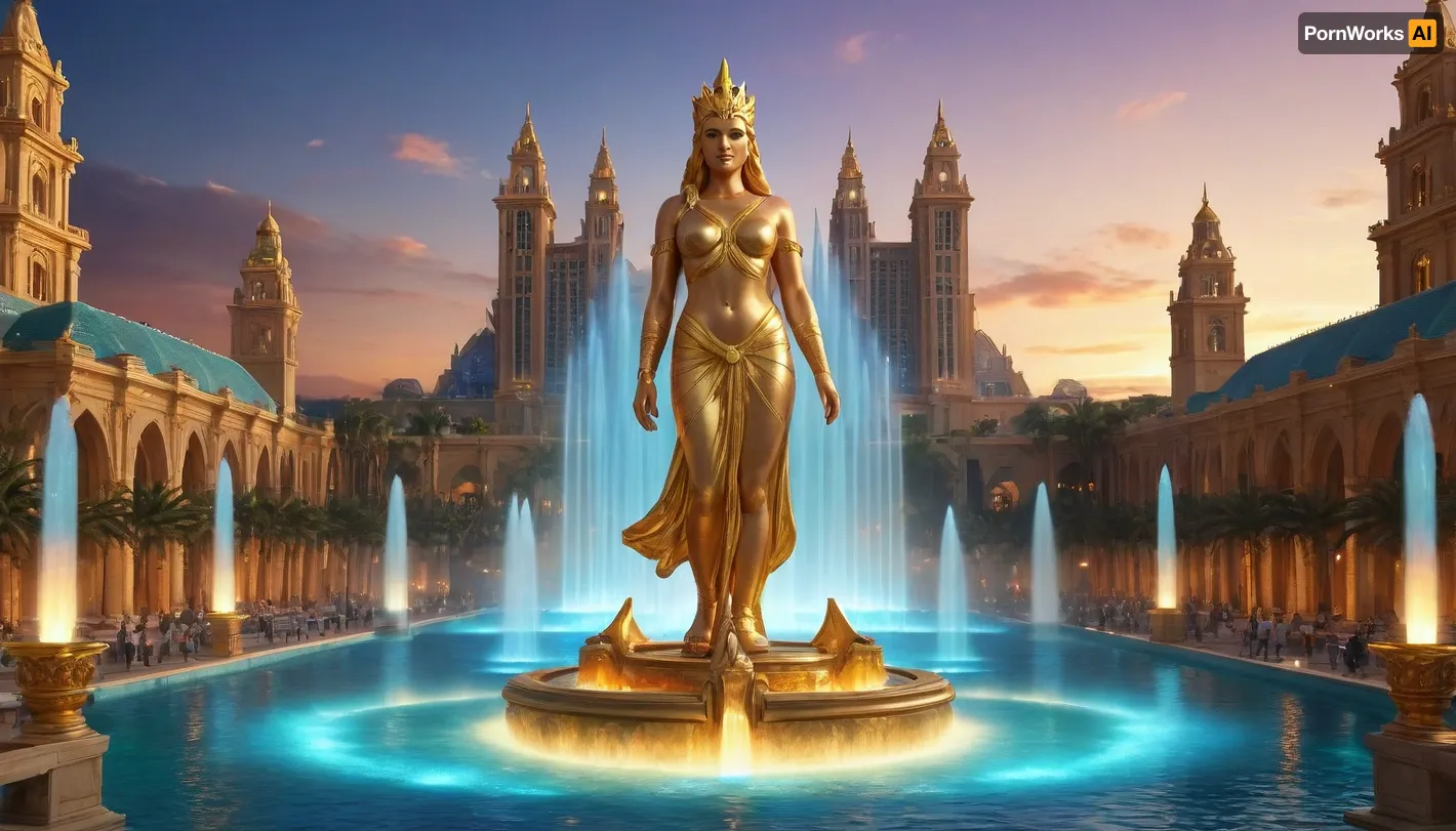 photorealistic image, fullcolor image, full body view, 8K quality, night, fantastic multi-colored lighting, the world of Atlantis, highly developed alternative technologies, futuristic siti, crystal energy-based technologies, Giant golden statues of gods and goddesses, colored fountains with lighting, (many fantastic flying machines), high-rise buildings made of gold and crystal glas