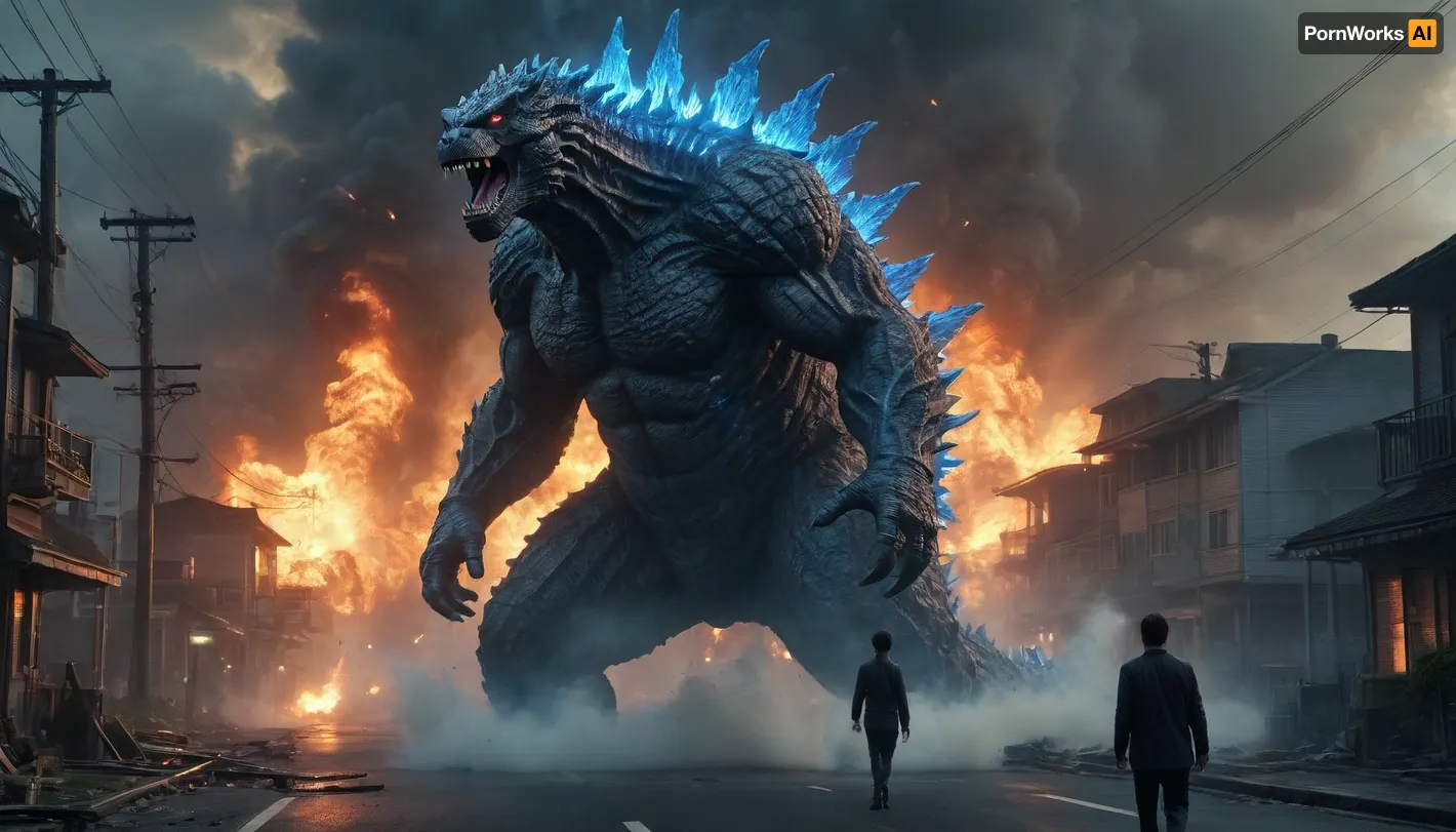 uber realistic image, fullcolor image, full body view, 8K quality, ultra detailed, masterpiece, dark fantasy, A giant monster, Godzilla, ((170 meters tall)), Godzilla's dorsal spines glow with a blue electrical discharge, ((emerges from the sea onto the streets of Tokyo)), a stream of blue plasma shoots from the monster's mouth into the nearest house, destruction, destroyed houses, fires, houses and cars burn, many people run in panic from the monster, side view, whole body in frame, whole body visible