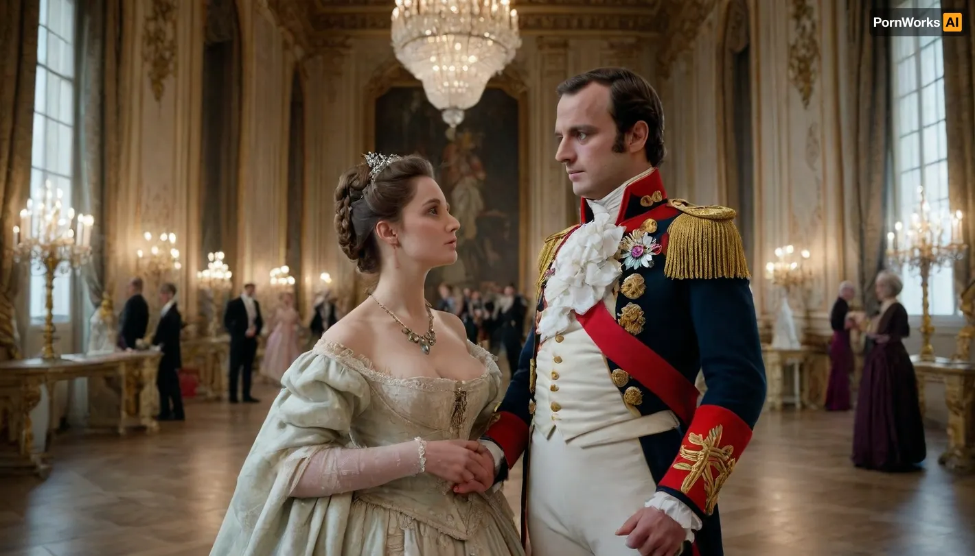 uber realistic image, fullcolor image, full body view, 8K quality, ultra detailed, masterpiece, Napoleon Bonaparte, dressed as a general in Napoleon's army, in the ceremonial hall of Versailles, grabbed a woman by the breast, a woman in an 18th century French ball gown with an extremely deep neckline, side view, whole body in frame, whole body visible