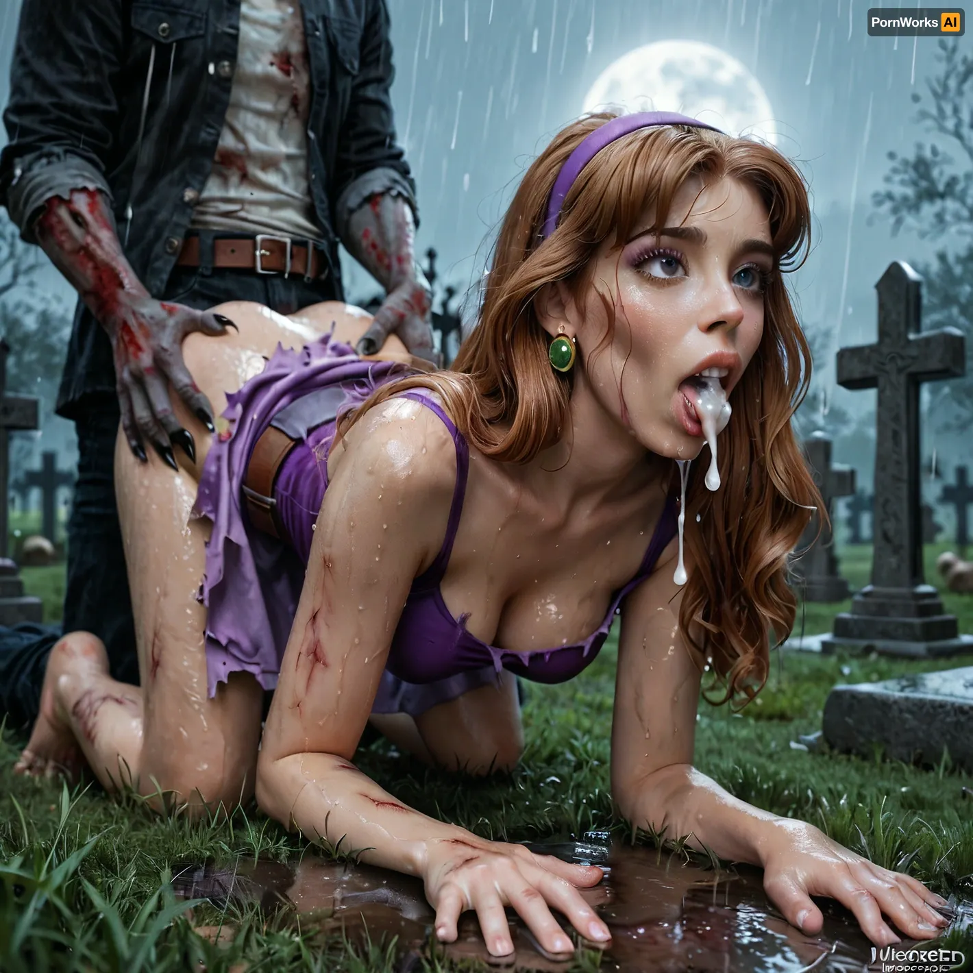 1 man, orañ sex, Daphne Blake, classic outfit, clothes torn in several places, rainy night, wet body, wet hair, on all fours on the grass of a cemetery, blowjob by a zombie, scary looking grey footed zombie with claws and wounds on the body, creampie, orgasm, detailed background