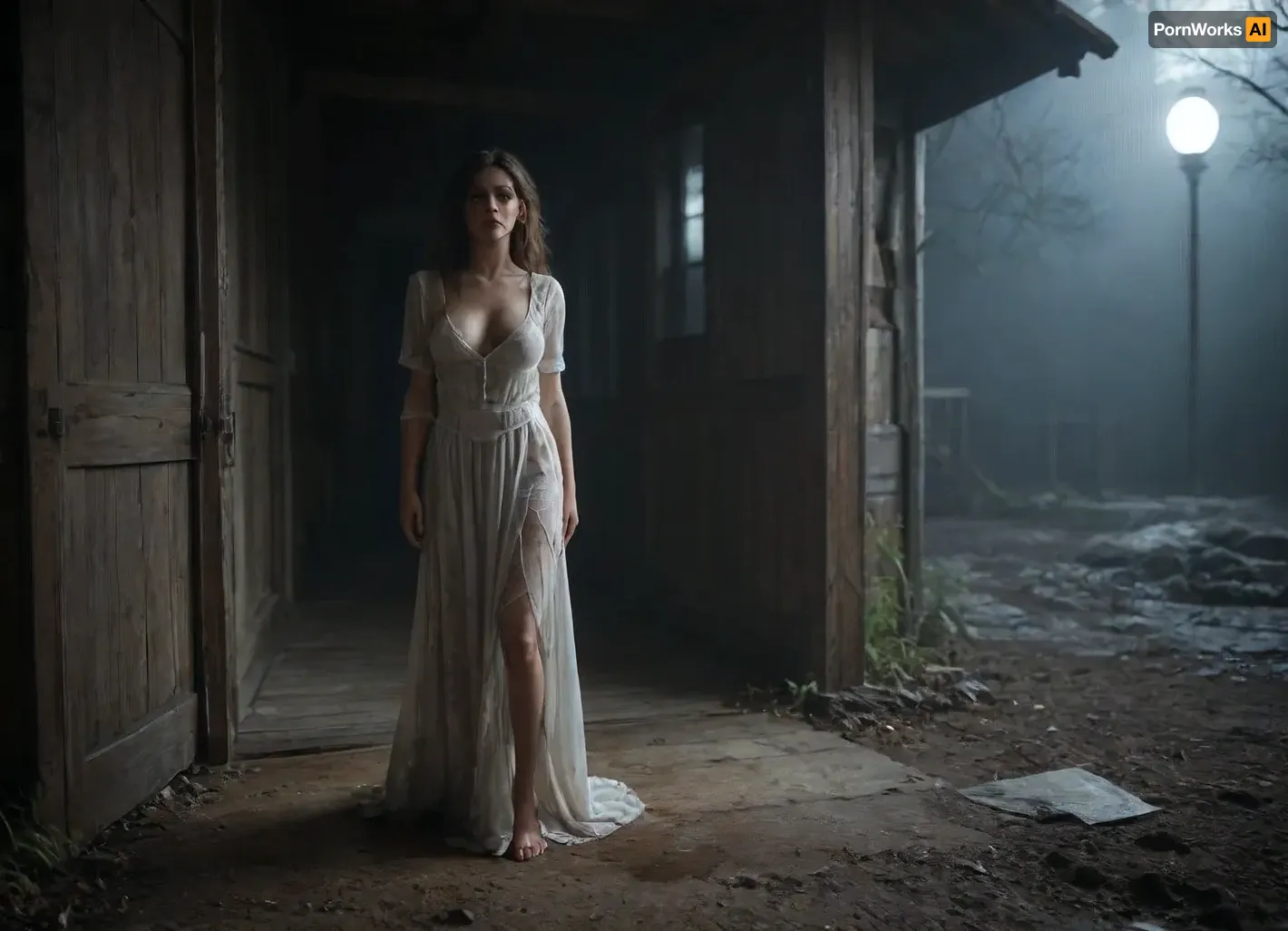 After her car broke down one dark night near a creepy deserted campground by a wooded lake in the rural Pacific Northwest the beautiful coed found herself chased by terrifying masked figures and monstrous shadows., (Long shot:1.5), . It is very dark at midnight. In the foreground we see a beautiful and busty coed. Her dirty and blood-stained clothes are tattered. She stands in the doorway of a dilapidated cabin with weathered walls and broken windows. She has a detailed gorgeous face, messy hair, and a wet body. Her torn clothes reveal a little cleavage. She is frightened.

She stares toward the darkness beyond the cabin where we see frightening ghostly forms including a masked man with an axe. Dark night, key visual, intricate detail, highly detailed, breathtaking, vibrant, panoramic, cinematic, sexy, scary., (Nighttime:1.6), (scary shadows in the background:1.7), (coed’s clothes and skin are streaked with mud or blood:1.1), (she looks frightened:.9), Radiant, Darkness, <lora:233007_training_data:.5>