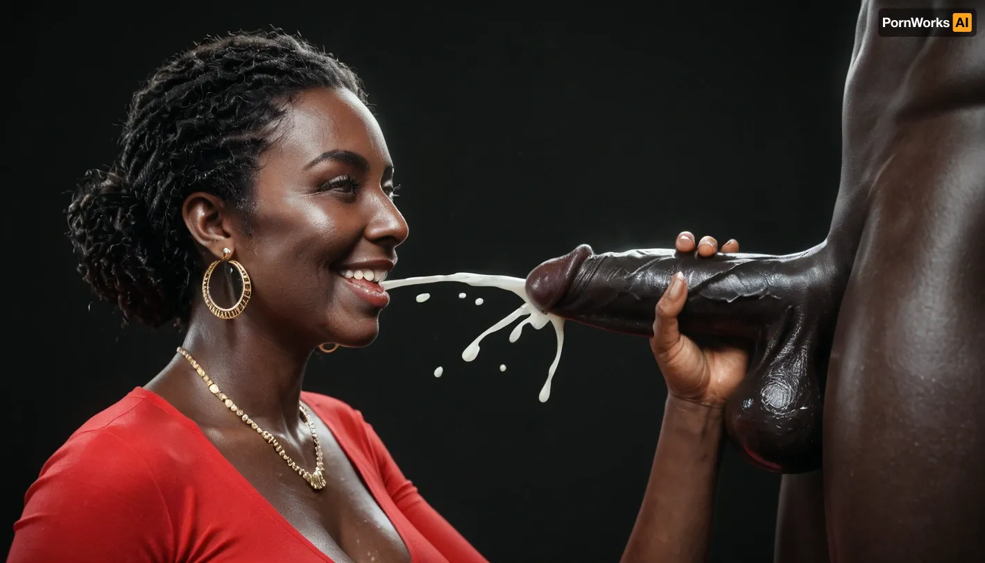 (milf:1.3), black african woman, curvy, absolutely black skin, deep ebony skin, African, Nigerian, Nubian, (((absolutely black skin))), red spandex top, extremely short shaven black hair, medium view, black room, black background, black floor, close-up of her mouth, the eyes are smiling, 1 white man with a huge 17 inch penis, big testicles, handjob, (ejaculation:1.5), .