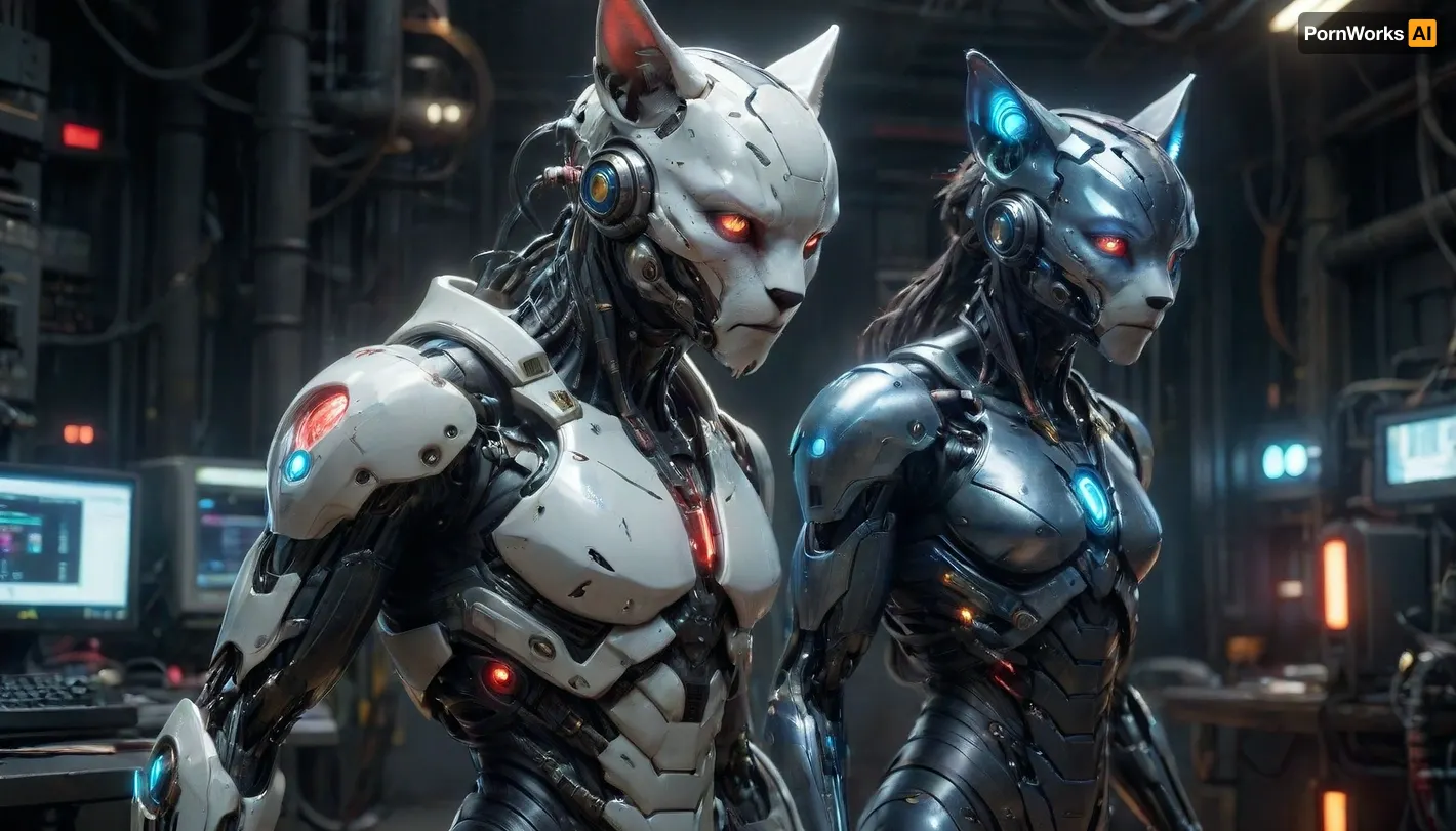 research laboratory, futuristic alien style, ((full body view)), male shapeshifting cyborg alien-cat, female shapeshifting cyborg alien-cat, beardless, long ears, (elongated snout), long cables as hair in a 'Predator' style, black eyes, very lot red luminous veins, lot blue luminous cables, black skin with light printed circuits, (luminous holograms), (small white electric arcs on the skin), very white rusty futuristic armor, B34ut1ful, 4ndr01d, cyborg, metal, gears, circuits, bioluminescent, detailed face, detailed armor, mecha, glowneon, glowing, sparks, lightning, <lora:Beautiful_Android:1.2>, <lora:277457_training_data:2>, <lora:mecha-000009 (1):1.2>, <lora:glowneon_xl_v1:1.2>