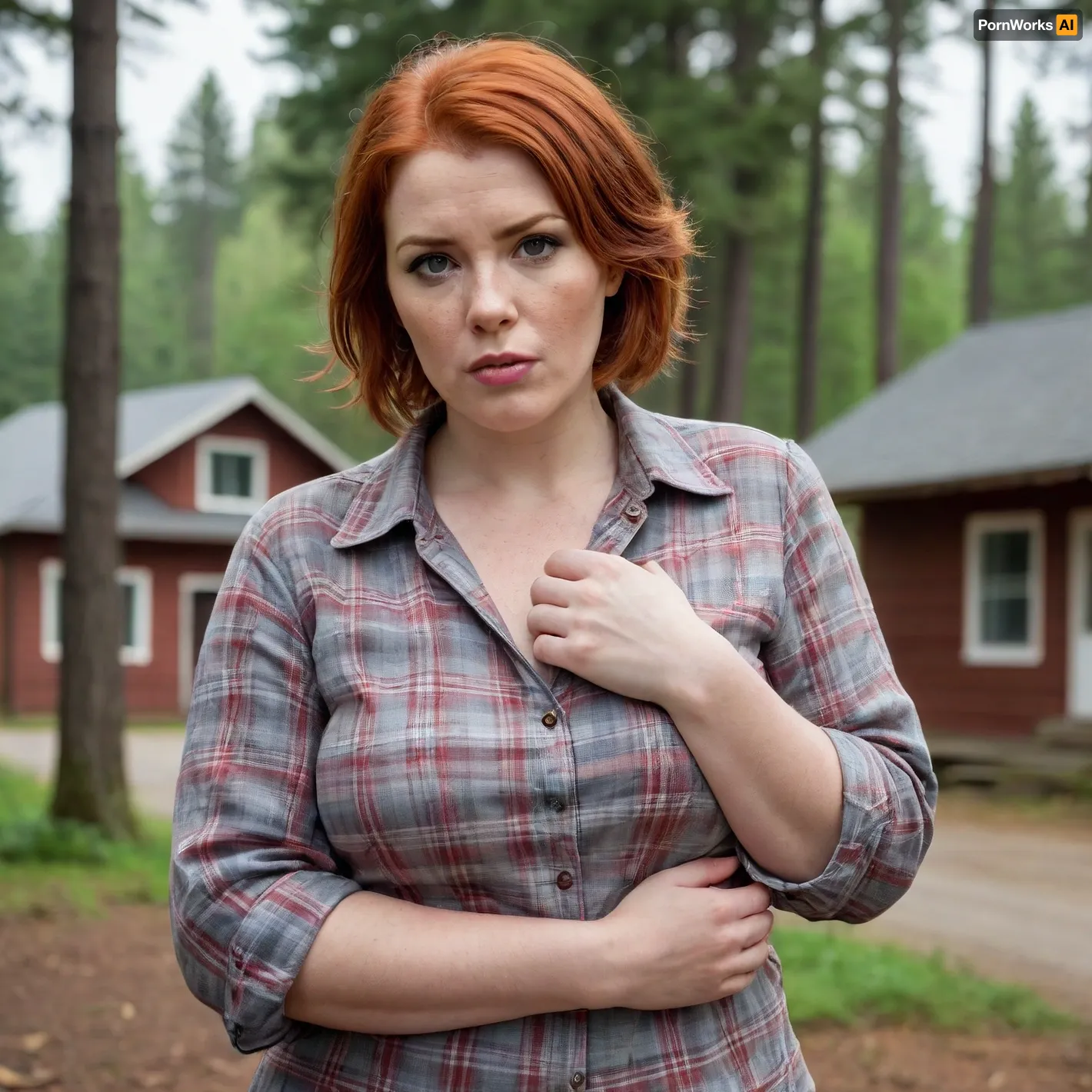 A red-haired, freckled mature chubby woman, (short straight wet hair), .very big boobs., (plaid shirt with sleeves rolled up at the forearms), . Huge breasts, large nipples., (strong large shoulders), . Very large lips., (The mouth is large, very thick-lipped.), ., (strong forearms), . Brown eyes., (wristwatch on one hand), . Lustful look., (raised eyebrow), .Full length view In the village. Forest.