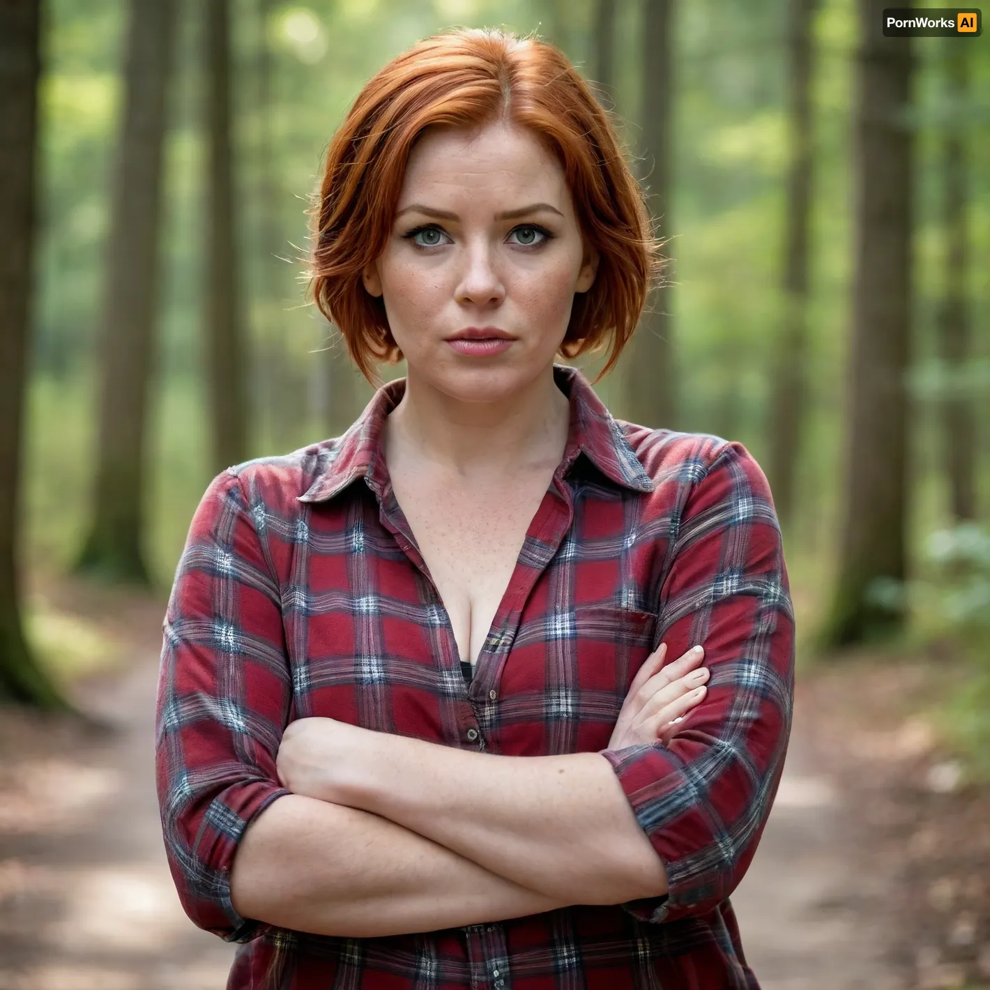 A red-haired, freckled mature chubby woman, (short straight wet hair), .very big boobs., (plaid shirt with sleeves rolled up at the forearms), . Huge breasts, large nipples., (strong large shoulders), . Very large lips., (The mouth is large, very thick-lipped.), ., (strong forearms), . Brown eyes., (wristwatch on one hand), . Lustful look., (raised eyebrow), .Full length view In the village. Forest.