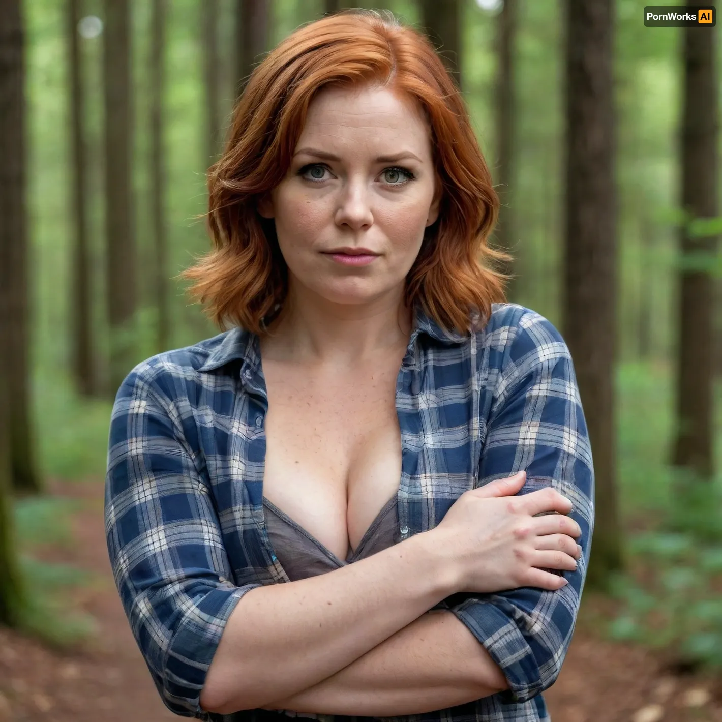 A red-haired, freckled mature chubby woman, (short straight wet hair), .very big boobs., (plaid shirt with sleeves rolled up at the forearms), . Huge breasts, large nipples., (strong large shoulders), . Very large lips., (The mouth is large, very thick-lipped.), ., (strong forearms), . Brown eyes., (wristwatch on one hand), (broad shoulders), (starts to undress), .
Lustful look., (raised eyebrow), .Full length view.In the village. Forest.