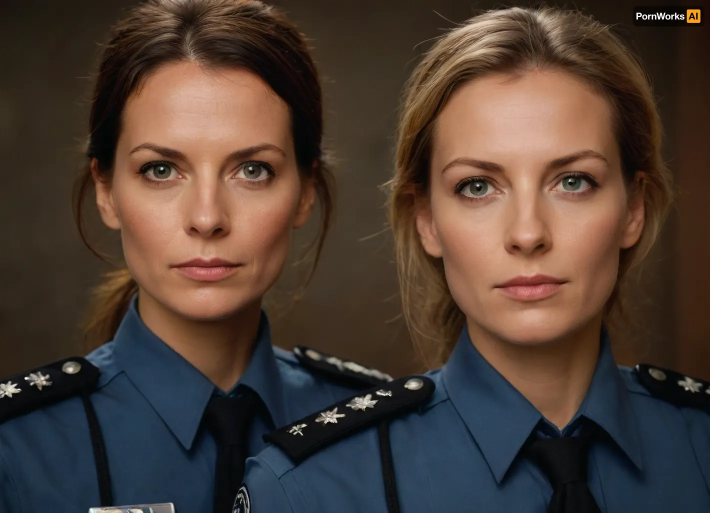 two women, attractive german policewomen, 50-years old, beautiful faces, various length of hair, front view