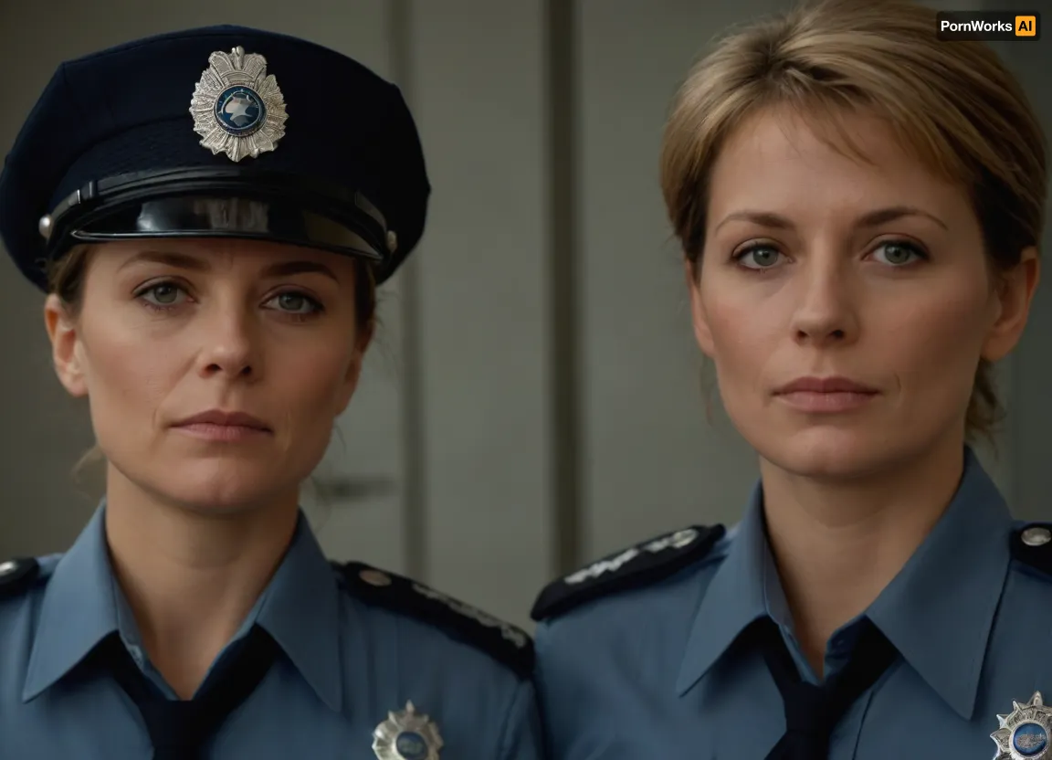 two women, attractive german policewomen, 50-years old, front view