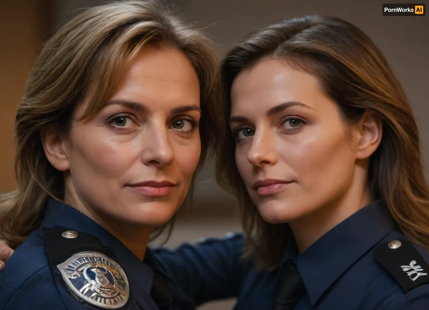 two women, attractive german policewomen, 50-years old, beautiful faces, various length of hair, hugging, front view