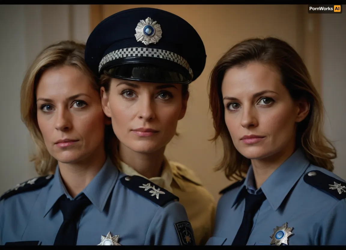 two women, attractive german policewomen, 50-years old, beautiful faces, various length of hair, having sex, front view