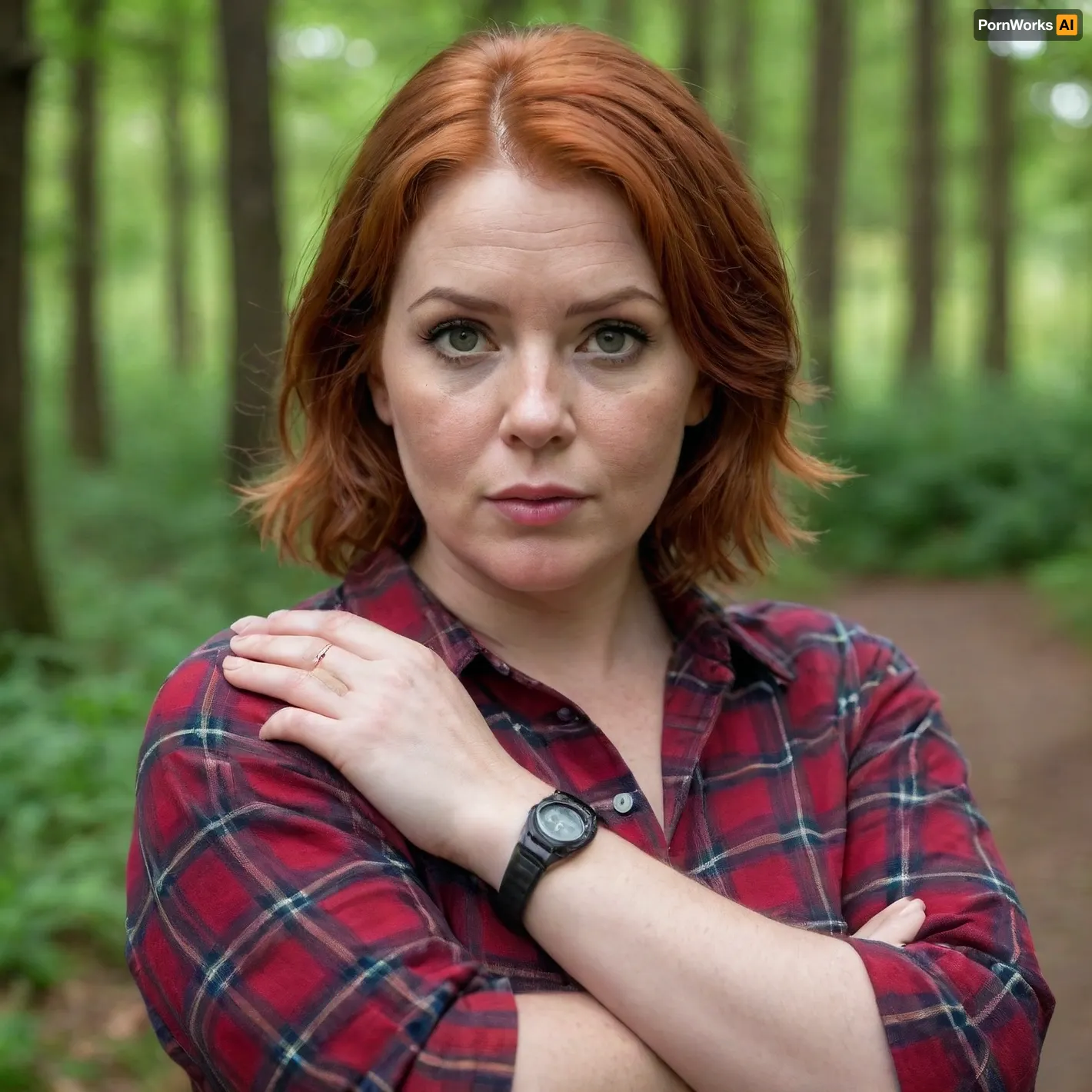 A red-haired, freckled mature chubby woman, (short straight wet hair), .very big boobs., (plaid shirt with sleeves rolled up at the forearms), . Huge breasts, large nipples., (strong large shoulders), . Very large lips., (The mouth is large, very thick-lipped.), ., (strong forearms), . Brown eyes., (wristwatch on one hand), . Lustful look., (raised eyebrow), .Full length view In the village. Forest.