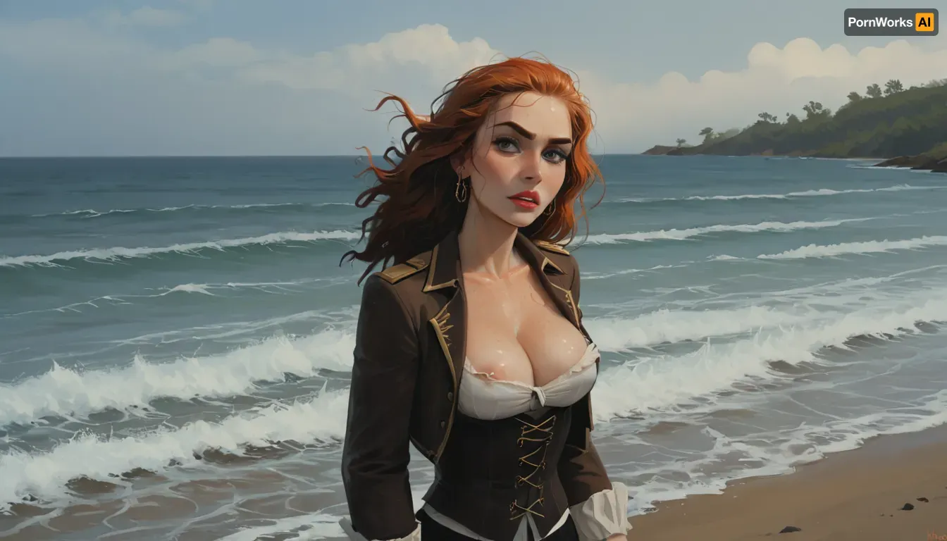 Pirate Queen — Helm in the Storm 17th-century pirate captain at the helm in a battered tricorn and undone linen shirt over a corset, upper torso and a hint of cleavage visible exposed boobs with nipples, wind-torn coat, wave-spray, dramatic storm lighting, rugged, incase, style, samdoesart, <lora:287175_training_data:1.5>, <lora:samdoesart_style_xl_v1:.5>, <lora:Animated_Concept:.5>, <lora:outline_xl_kohaku_delta_spv5x:.7>