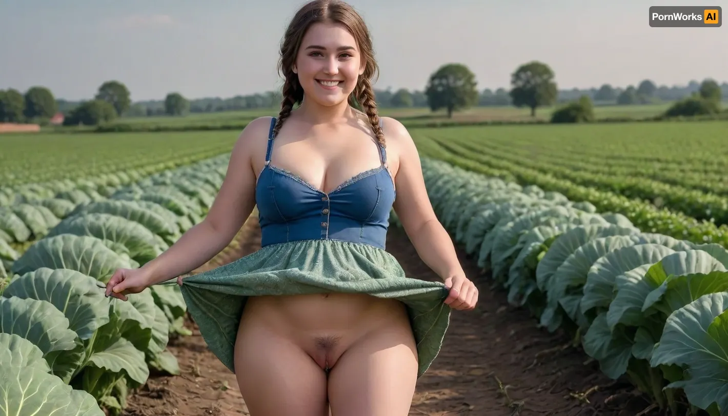 woman, Full body in view.outside, Wide field of view. in a cabbage field, The landscape of Dithmarschen, 25 year old chubby, huge breast, 5'11". Flat stomach. Thin face.braided hair. small strip of pubic Hair, farm dress. Standing. Face leaning forward. Smiling, skirtlift, pussy, legs, spread, <lora:skirtlift_xl:2>, <lora:NcyPussy_v05:.8>
