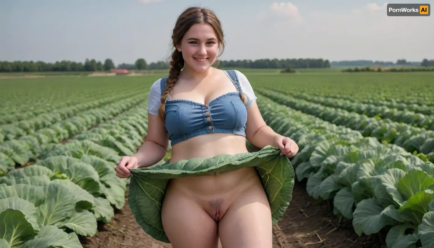 woman, Full body in view.outside, Wide field of view. in a cabbage field, The landscape of Dithmarschen, 25 year old chubby, huge breast, 5'11". Flat stomach. Thin face.braided hair. small strip of pubic Hair, farm dress. Standing. Face leaning forward. Smiling, skirtlift, pussy, legs, spread, <lora:skirtlift_xl:2>, <lora:NcyPussy_v05:.8>