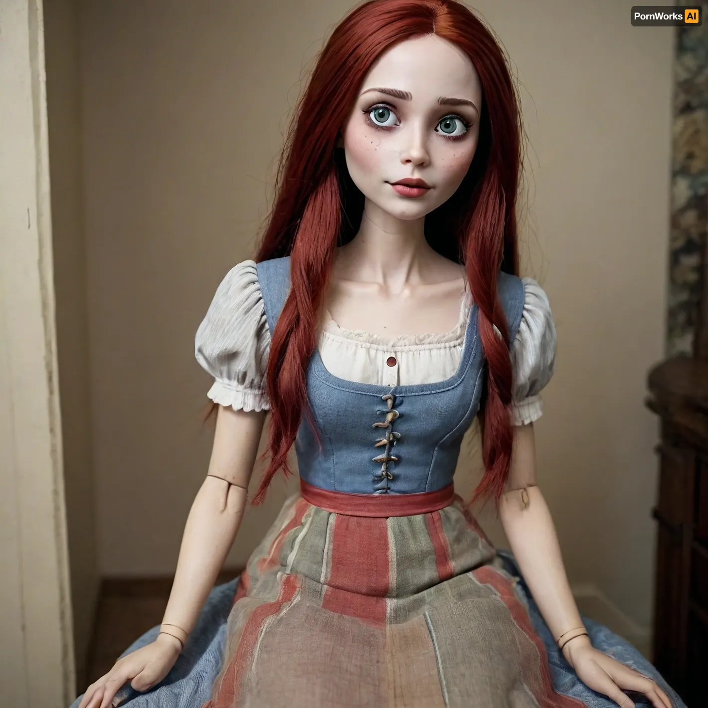 Sexy realistic version of Sally from the nightmare before Christmas Here's a detailed physical description of how she might appear in a live-action or hyper-realistic style, Realistic Sally – Physical Description
Age Appearance, Mid-20s, (though ageless, being a patchwork creation), Skin, Her skin is pale with a faint bluish-gray tint, like aged porcelain or faded fabric. It's uneven in tone—stitched together from mismatched patches of different textures and hues. You can see the subtle lines and seams where various pieces of skin, (some slightly darker or smoother), have been sewn together. The stitching is thick, black thread—like old surgical sutures—visible on her arms, legs, neck, and face. Some stitches are tight and neat, others slightly frayed or puckered with age.

Face, Sally’s face is hauntingly beautiful but unnerving. Her eyes are large and expressive, with a glassy, slightly sunken look—perhaps reflecting a doll-like quality. Her sclera, (whites of the eyes), might have a faint yellowish or gray tinge, showing wear. Her lips are full but dry, with cracked edges and a naturally red-berry color. There's a long stitch line running across one side of her cheek or over her jaw—done carefully, but clearly visible.

Hair, She has long, straight, deep auburn hair—thick strands, almost yarn-like, but realistic. It's unkempt but beautiful, like a mane of faded silk or thread, often falling over her shoulders in heavy locks. The hair might look slightly too vibrant in contrast to her muted complexion, adding to her uncanny presence.

Body, Sally is slender, with an almost frail, willowy frame. Her movements are delicate but slightly stiff or uneven—she walks with a soft, ghostly grace, but you can tell she was stitched together rather than born whole. Her limbs are long, but not unnaturally so—more like someone recovering from a long illness. The visible seams at her shoulders, elbows, and knees hint at her being pieced together from various human, (or doll-like), parts.

Clothing, She wears a tattered, homespun patchwork dress, made from mismatched fabrics—some floral, some striped, some torn lace. In a realistic rendering, the colors would be muted and worn—faded reds, pale blues, dusty yellows—stitched together with care but clearly handmade. The dress is slightly oversized, hanging loosely from her shoulders, fraying at the edges, with obvious repair work done by her own hand.

Hands and Feet, Her hands are thin and slightly disproportionate—long fingers with uneven nails, some chipped or darkened, giving the sense of both delicacy and decay. Her feet are often bare, dirty from wandering the graveyard or forest, and stitched at the ankles or across the soles.

Scent and Aura, In a realistic world, Sally might carry the scent of dried herbs and old linen. There’s something melancholy in her presence—like an old keepsake or forgotten doll, brought to life with a soul but still carrying the weight of her origin.
