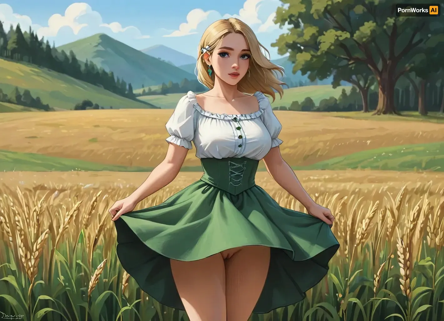 A close up of woman’s crotch, frontal view, GTA 5 loading screen style, stylized realism with painterly shading, bold cel-shaded outlines, (a peasant woman in a medieval green upskirt dress, corsage, white blouse, neckline, blonde, makeup, a attractive woman of 25 years old, with large round breasts, wide hips, medium ass and a virgin cunt, works in the field), (wind lifts up her skirt showing upskirt her pussy), pubic hair, (Oktoberfest dress wind lifting dress), (wheat field, ears, sickle, sheaves), vibrant colors, Rockstar Games poster illustration, polished digital painting, samdoesart, <lora:samdoesart_style_xl_v1:.3>, <lora:Animated_Concept:.3>, <lora:outline_xl_kohaku_delta_spv5x:.5>, <lora:GTAVstyleDoguXLv2:1.5>