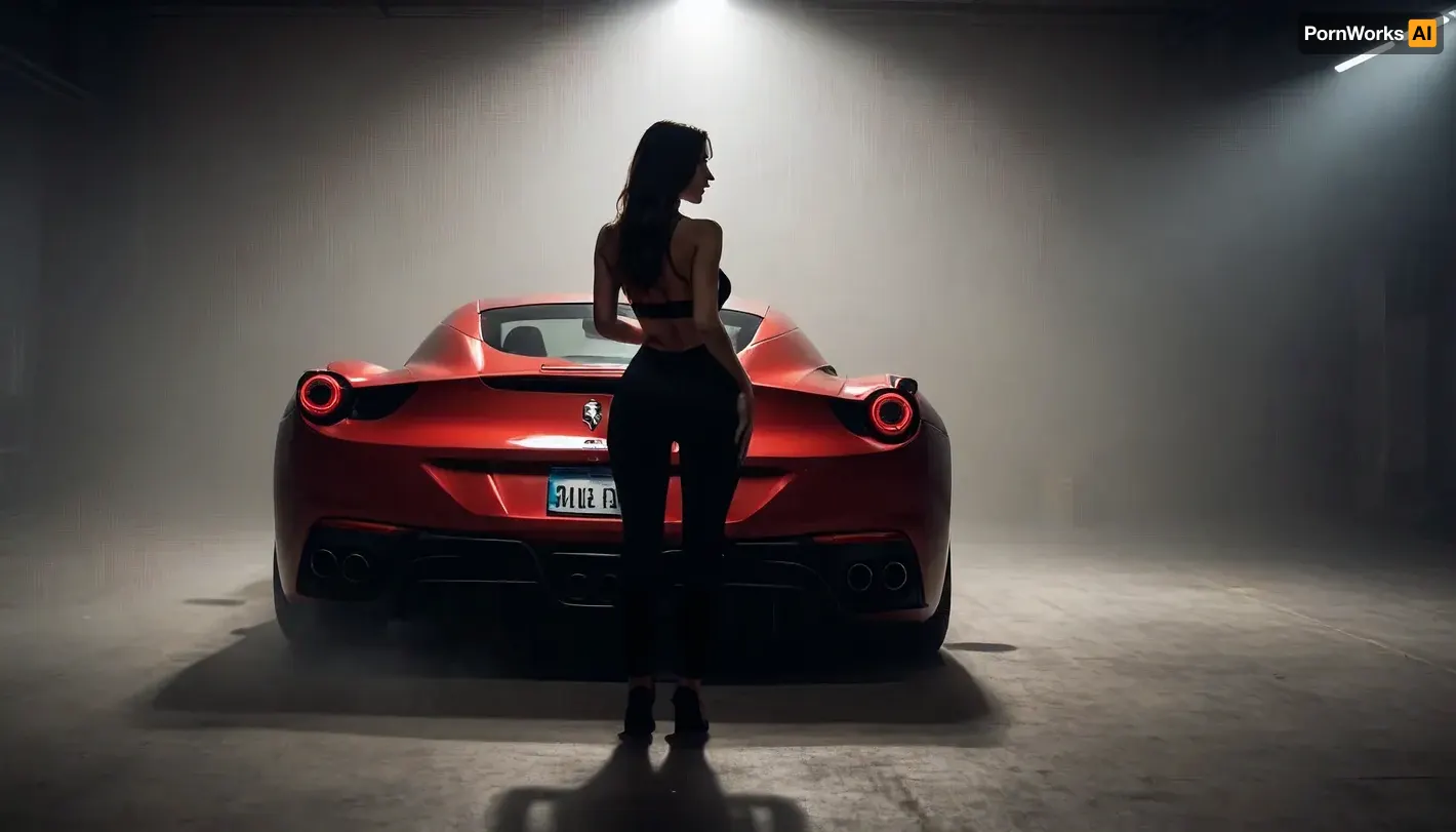 Image of a woman, silhouette, slim body, big breasts, sexy . Dark background creating the impression of fog. sport car. Ferrari, shine on the girl from behind