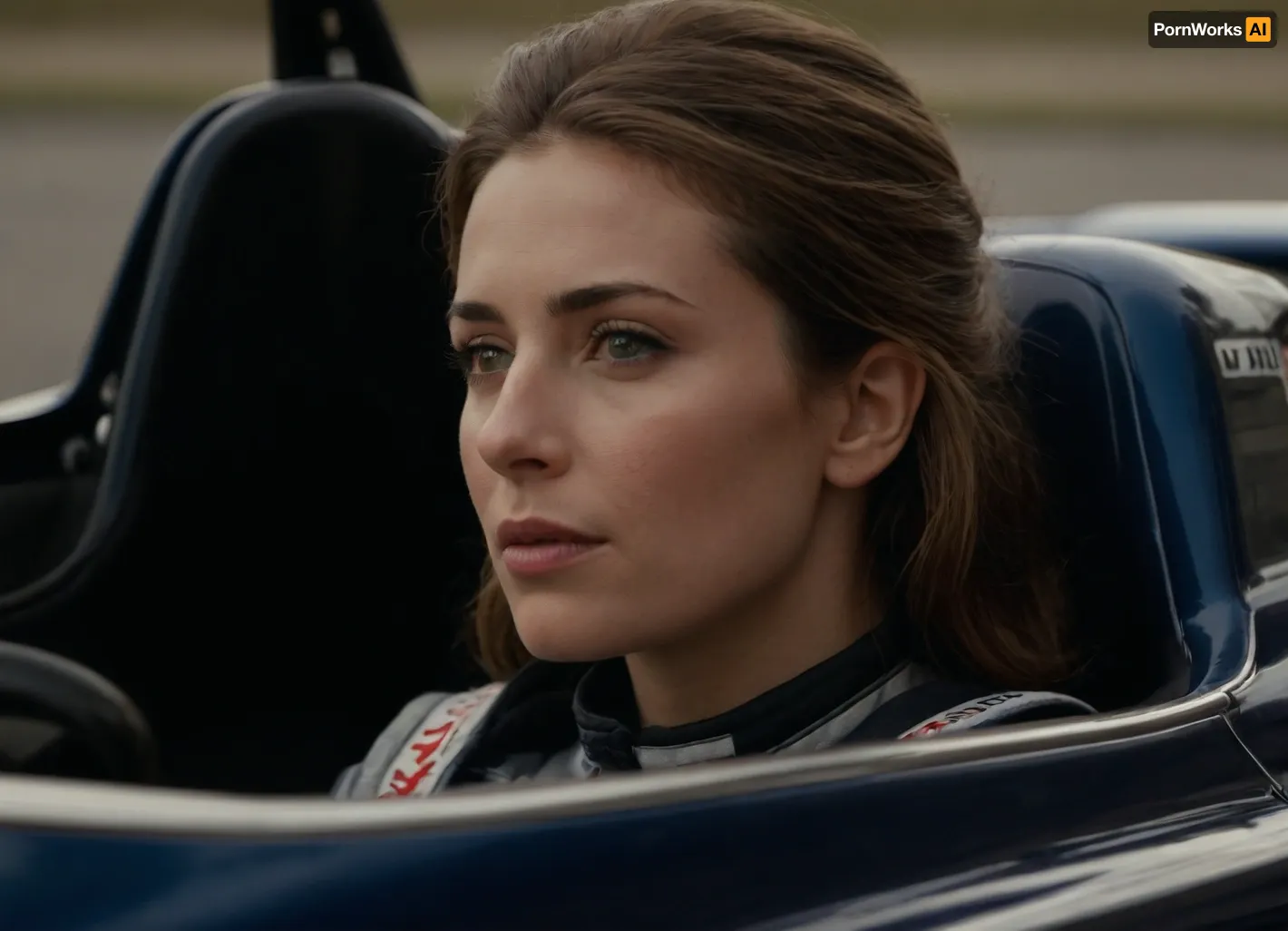 (hyperréaliste:1.6), beautiful 30-years old woman, f1 pilot, in a f1 car, full car view, side view