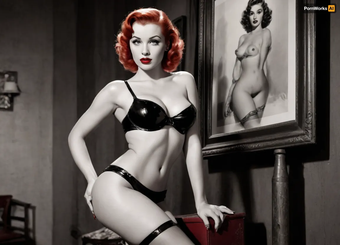 Back view, large text on poster, (((old 1950s American porn movie poster pin-up))), (((Black and white pin-up. 1950s movie poster))), (((wet milk body))), full red lips, dork, photography, photorealism, a beautiful police woman, tall, beautiful perfect figure, redhead, red hair, some bare breasts, huge tits, pink nipples, knee-high boots, stockings, perfect tall legs, charming eyes, sad but funny face, dark background, fantasy art capturing the style of Aaron Horkey, Jeremy Mann, and Luis Royo, body-centric composition from a low angle, seductive figure, dark fantasy, dynamic composition, 1950s black and white photo, red lipstick, warm tones, shows acrylic calligraphy, watercolor techniques seamlessly integrated into a maximalist masterpiece, detailed with gouache fluidity, golden hour light, hyperrealism, hyperrealistic, hyperdetailed, 64k, ultraHDR, movie, poster, page