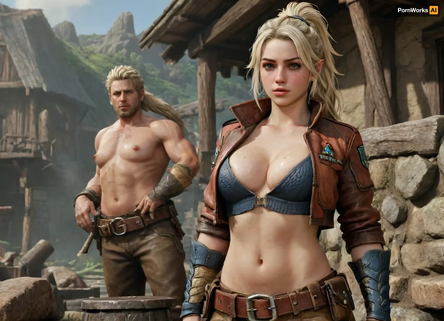 (Masterpice), (HD4K visual), (detailed model), detailed face, detailed eyes, detailed hands, (Gemma:1.4), from the video game Monster hunter wilds, (big messy platinum blond hair in a really long ponytail), blond hair, freckles, long face, horny expression, welders goggles on forehead, brown croptop leather jacket, bikini under jacket, brown baggy pants, utility belt, chubby body, DD size breast, pinching own nipples, out side in a primitive Smith forge in background, day time, sunlight beeming down, distance view, using a blacksmith hammer on a anvil, incase, style, ratatatat74, gemma_mhwilds, <lora:287175_training_data:1.4>, <lora:ratatatat74-000050:1.4>, <lora:gemma_mhwildsXL:1.4>, <lora:add-detail-xl:1.4>