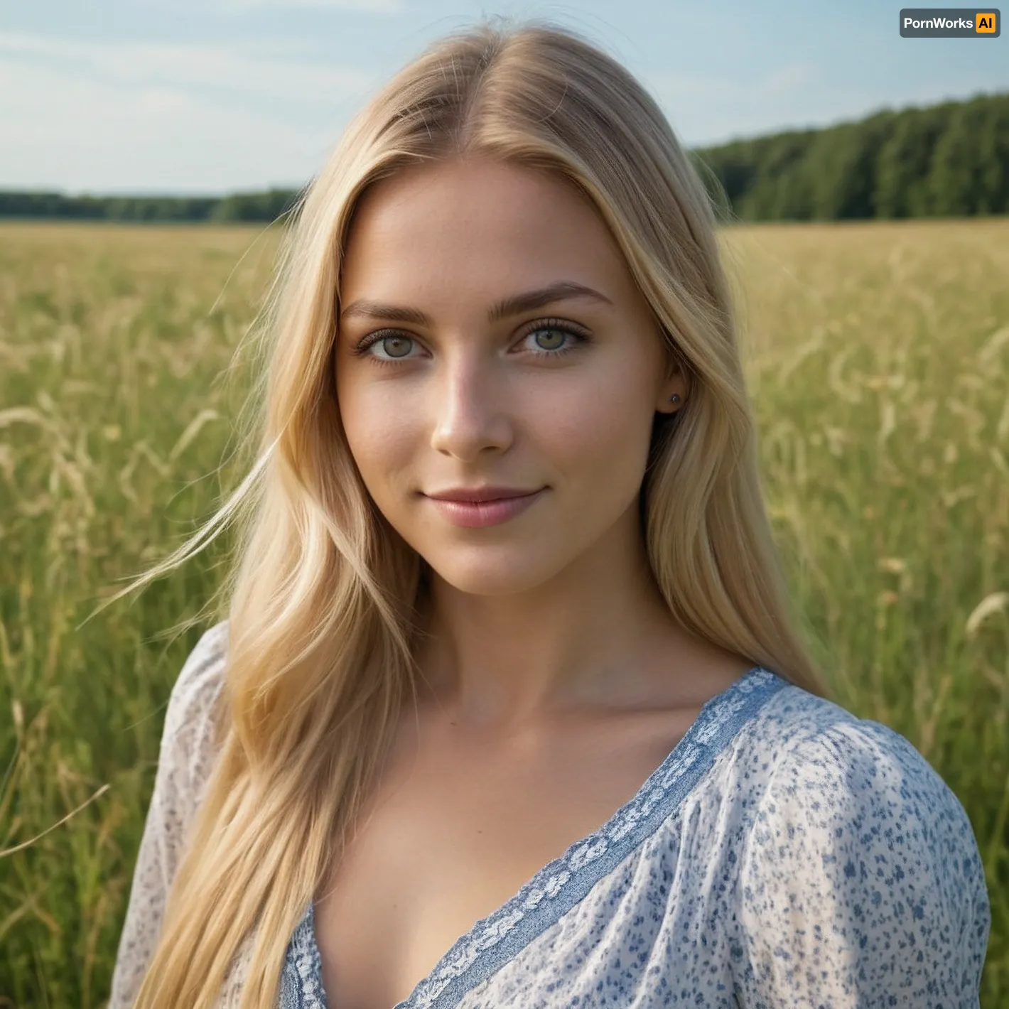 (high quality photographie), (detailed eyes), (detailed skin), (ultra sharp), one only beautiful 26yo woman, long natural blonde hair, very straight hair, in summerdress on a sunny day on a meadow, no makeup, smiling, full body view