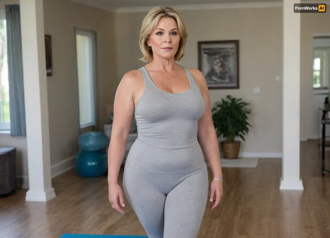 View from behind, she is looking back at viewer, in pilates studio, mature pilates instructor, Classy, chubby Mature Woman, married, housewife, (wearing a diamond ring on her left hand), hot mom, Morgan Shipley, ((65 years old)), ((wearing a light gray yoga outfit)), fully dressed, nonnude, (full Body View), (face, blue eyes, No Makeup, dirty blonde medium Haircut), old Body, old skin, (hourglass figure), wrinkly skin, Pale skin, freckles, realistic skin Details, (very wide hips), (picture, Photo realistic, highest quality, 8k resolution, masterpiece), bottomheavy, big, huge, gigantic, thick, thighs, massive, hips
