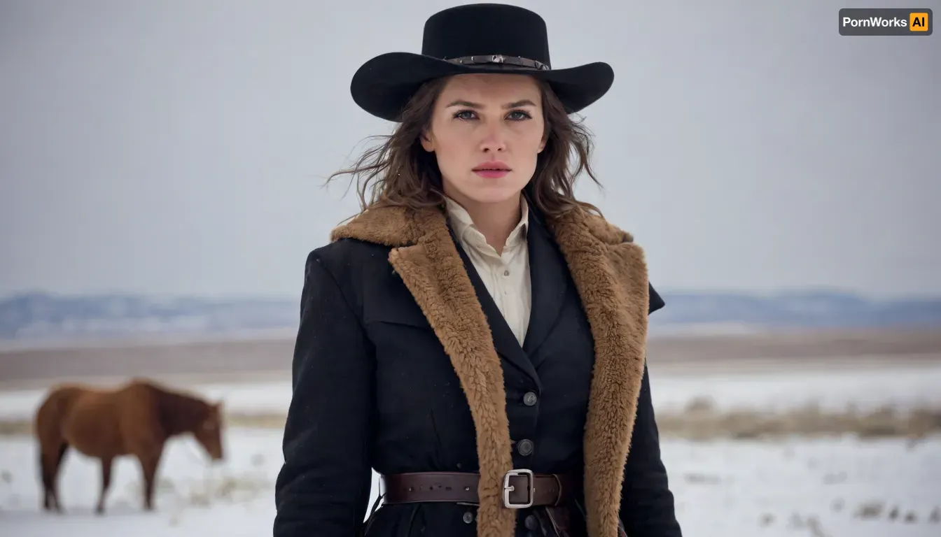 Cinematic photo of a gorgeous female Wild West gunslinger in the high plains in the snow, dramatic exciting photo, confident gaze, swagger, 8K, incredibly detailed, The, Hateful, Eight, film, style, <lora:The Hateful Eight film style:.8>