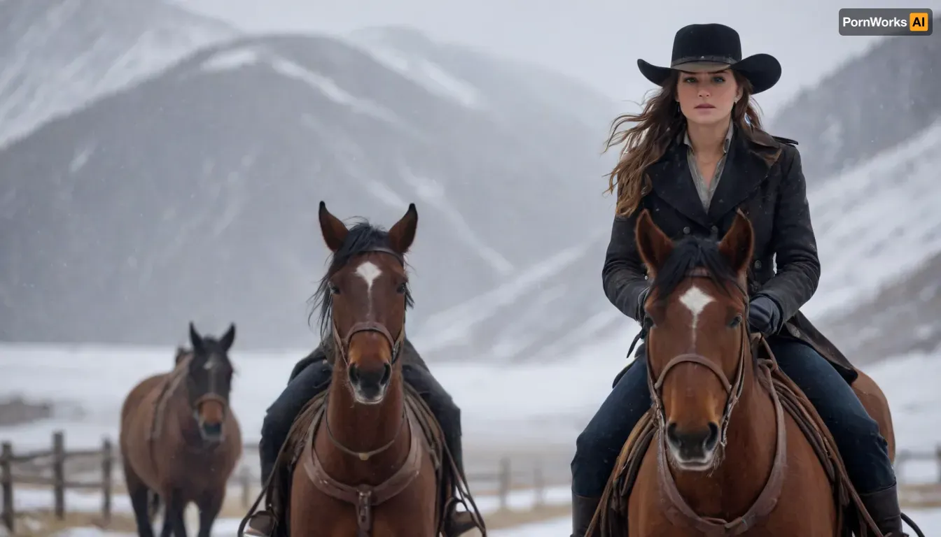 Cinematic photo of a gorgeous female Wild West gunslinger walking her horse through rugged Montana mountain terrain in a blizzard, dramatic exciting photo, confident gaze, swagger, 8K, incredibly detailed, bokeh, The, Hateful, Eight, film, style, <lora:The Hateful Eight film style:2>