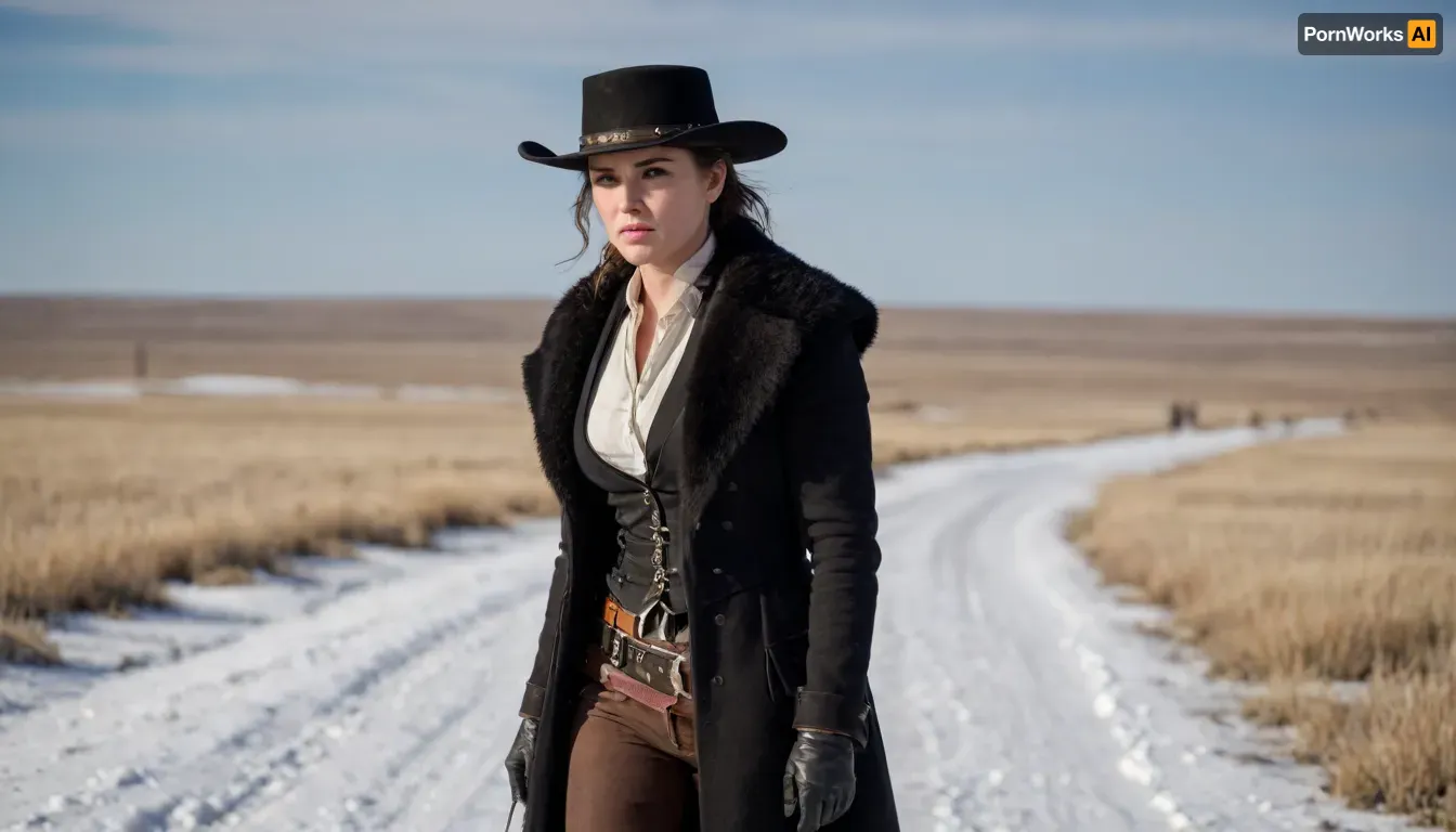 Cinematic photo of a gorgeous female Wild West gunslinger in the high plains in the snow, dramatic exciting photo, confident gaze, swagger, 8K, incredibly detailed, The, Hateful, Eight, film, style, <lora:The Hateful Eight film style:.8>