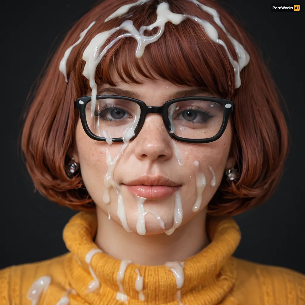 close-up on head and breasts of, ((30yo woman)), (Super sexy dusky Velma dinkley:1.3), ((straight bob haircut)), ((wearing Velma’s Cosplay)), looking at viewer, after having been fucked intensely, (massive breasts:1), head facing viewer, tired happy face, (realistic excessive thick runny cum all over her face and body), cum on hair, cum on forehead, nose full of cum, mouth full of cum, lots of very thick cum, loads of cum, woman, on, face, excessive bukkake, cum, facialized, superfacialized, black room, black background.