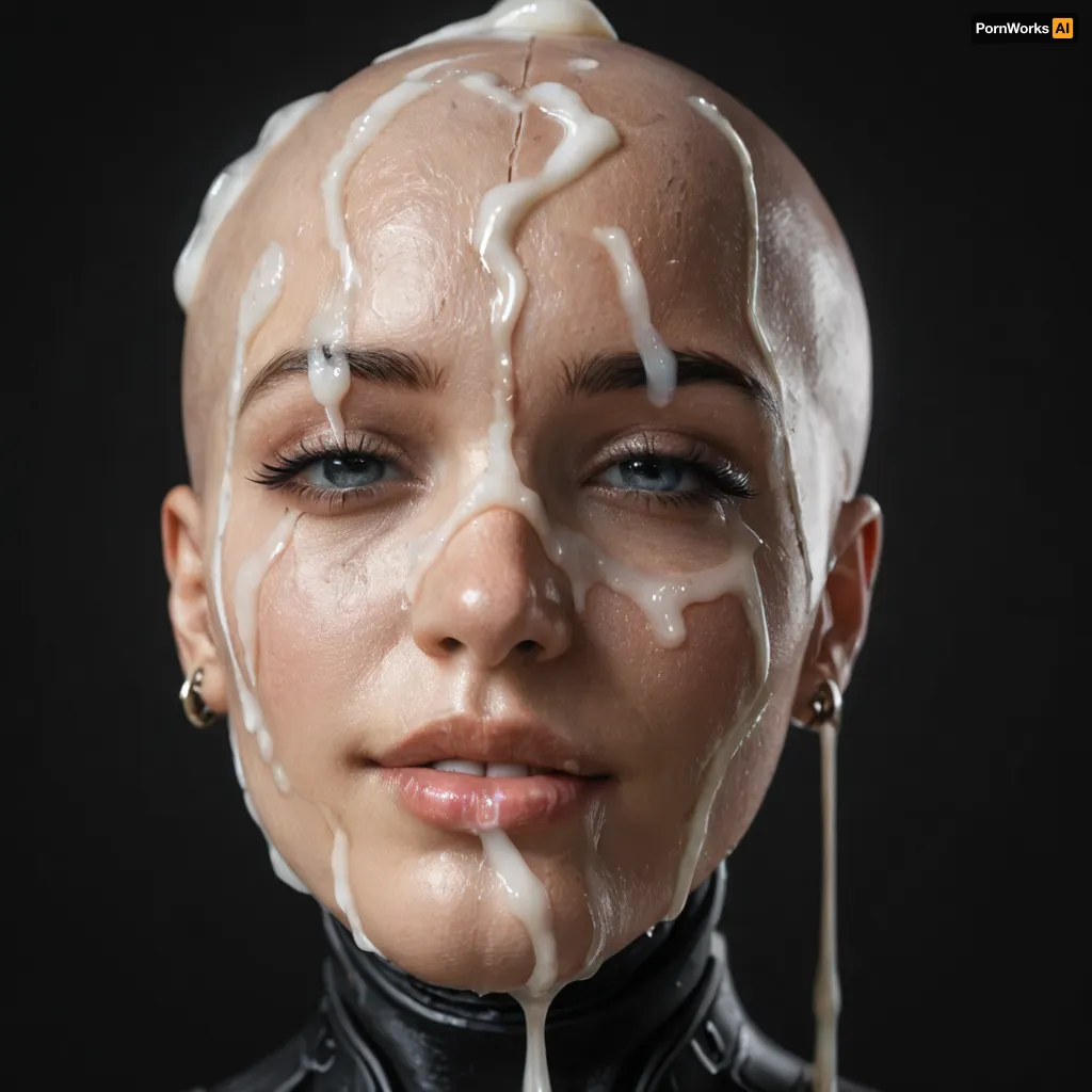 close-up on head and breasts of a sexy robot woman, android, sexbot, bald robot cyberpunk, shiny chrome parts, cybernetic body, whide hips, looking at viewer, after having been fucked intensely, (massive breasts:1), head facing viewer, tired happy face, (realistic excessive thick runny cum all over her face and body), cum on hair, cum on forehead, nose full of cum, mouth full of cum, lots of very thick cum, loads of cum, woman, on, face, excessive bukkake, cum, facialized, superfacialized, black room, black background., <lora:Allisfulloflove1024:1.4>