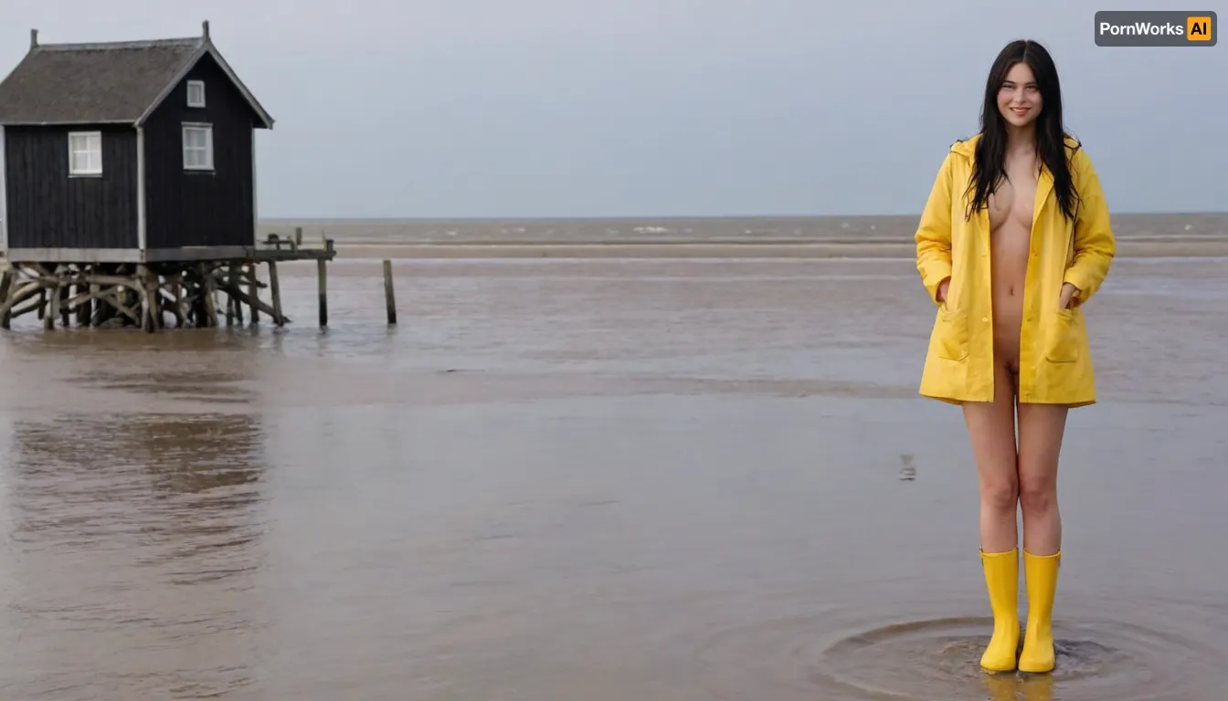 One 20 yo Japanese women Show pussy, standing in the Wadden Sea of Sankt Peter-Ording, smiling nasty, wear an open yellow raincoat and yellow rubber boots, (open the raincoat and show pussy and tits), long black hair, Pile dwellings and stilt housesin the background, ultra realistic, photo realistic, 8k quality, beautiful face, perfect face, masterpiece, shirtspread, godpussy, <lora:shirtspreadv10_SDXL:2>, <lora:SDXL_GodPussy_v1:2>