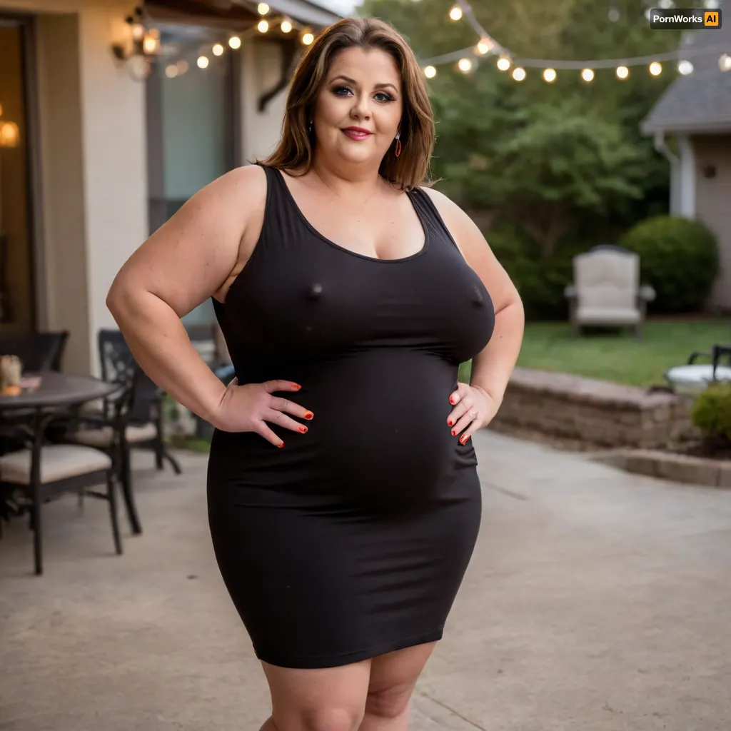 2gilfs, a full body photo of two full figure ssbbw gilf's, 60 years old, mature, thick, ((wide hips)), (obese:1.5), (mature:1.5), (no bra, covered nipples, very saggy), big smile, (captivating striking amber eyes:1.3), flirting with viewer, beautiful face, huge, waist, ((wearing a sleeveless black loose minidress, with plunging neckline)), dancing, birthday party in her home patio in the USA suburbs, best quality, <lora:nobrav1_SDXL:.5>