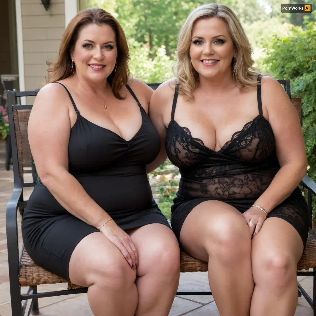 Two obese mature women, sitting, a full body photo of two full figure ssbbw gilfs, 60 years old, mature, thick, big hips, (mature:1.5), (no bra, covered nipples), big smile, (captivating striking amber eyes:1.3), flirting with viewer, (one breast out), ((wearing a ring on her left hand ring finger)), ((wearing a low-cut sleeveless black minidress)), plunging neckline, sagging, birthday party in her home patio in the USA suburbs, best quality